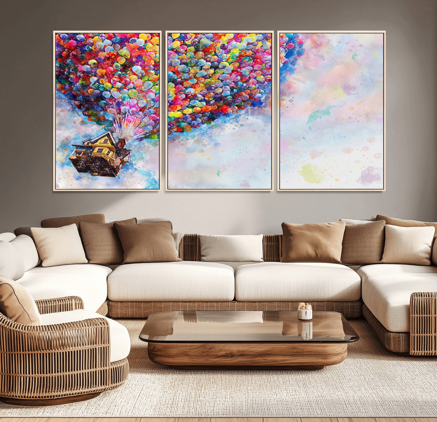 MGV-FC-60X30-3P - Don't Look Up Movie Canvas Wall Art - Vibrant Floating House and Balloons Scene, Tribute to Iconic