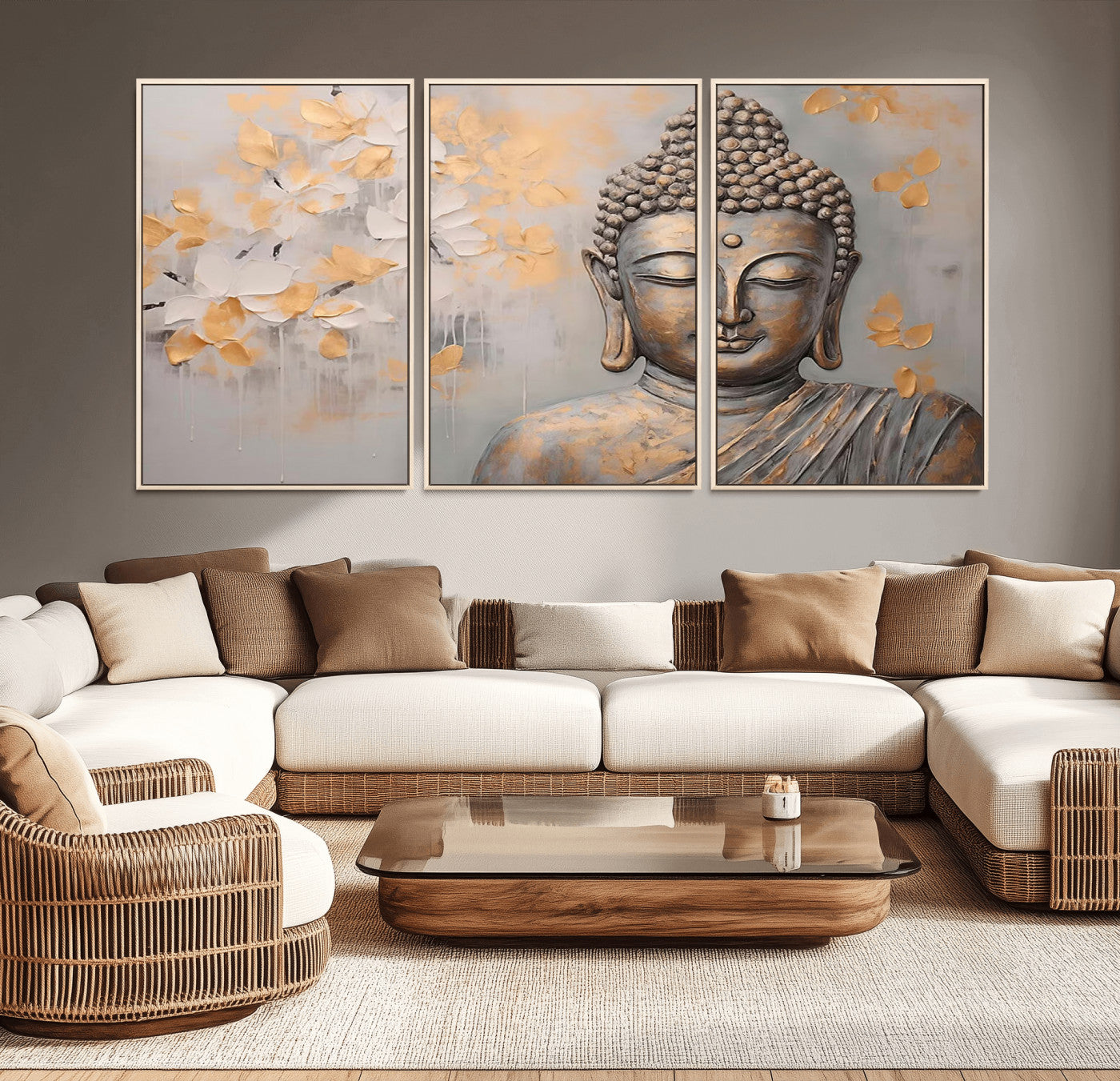 MGV-FC-60X30-3P - Abstract Buddha Statue Wall Art Canvas Print - Modern Meditation Decor for Living Room, Office, Yoga Studio Decor