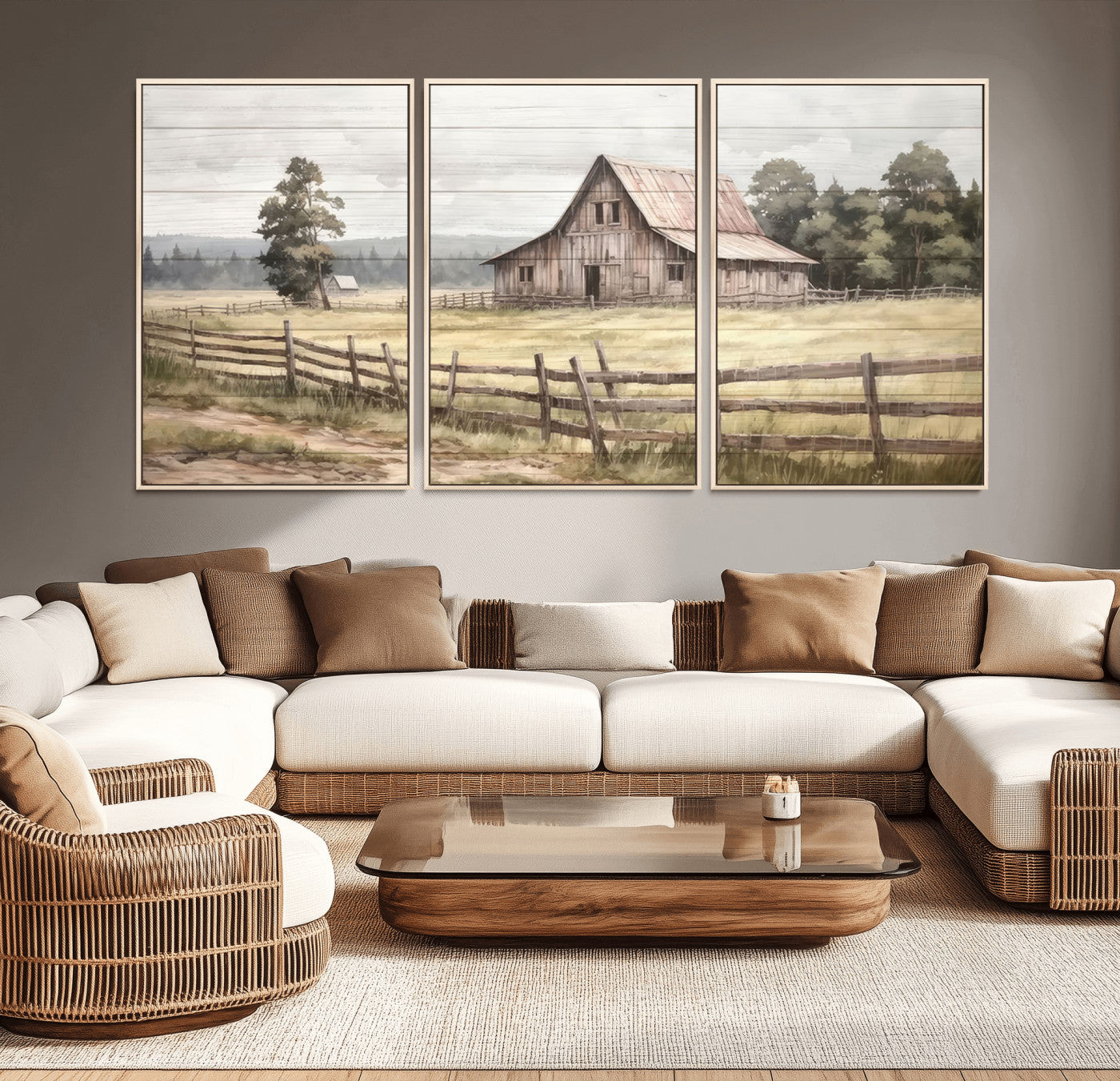 87489-MGV-FC-60X30-3P_Natural-Rustic Farmhouse Barn Wall Art | 3-Panel Framed Gallery Wrap Giclee Canvas Print for Living Room,