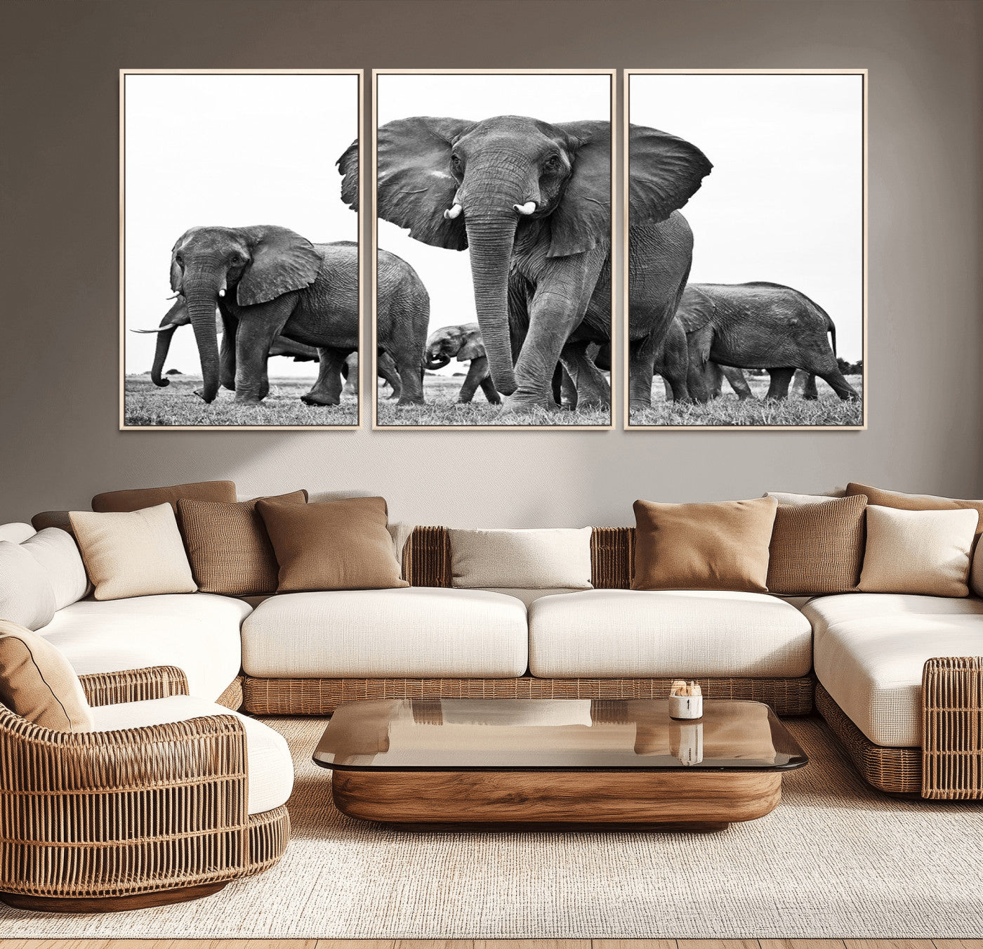 -Black White Elephant Family Wall Art Canvas Print
