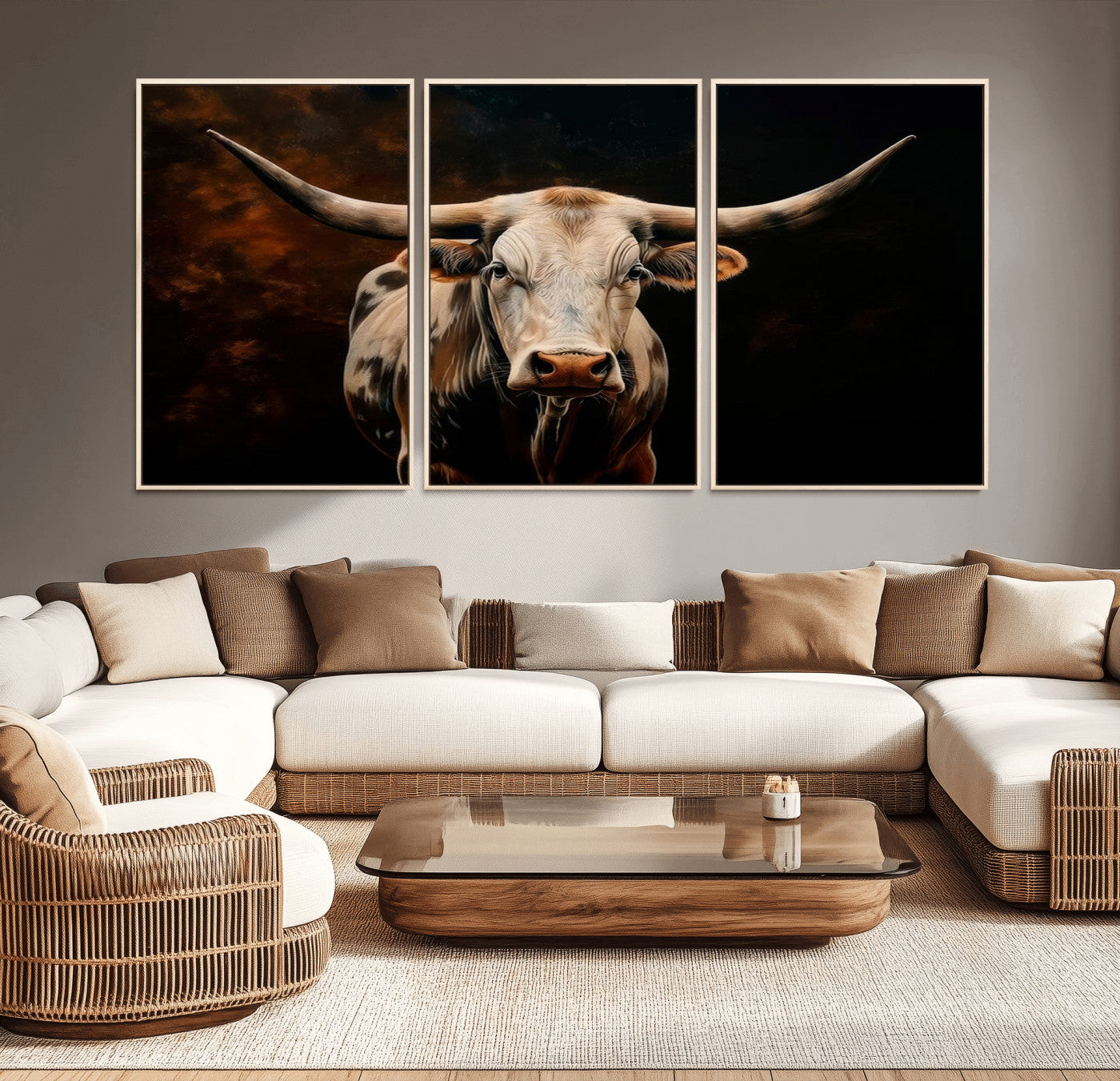 MGV-FC-60X30-3P - Texas Longhorn Wall Art | 3-Panel Large Texas Longhorn Canvas Print for Living Room, Office, or Farmhouse Decor | Framed Giclee Longhorn Wall Art