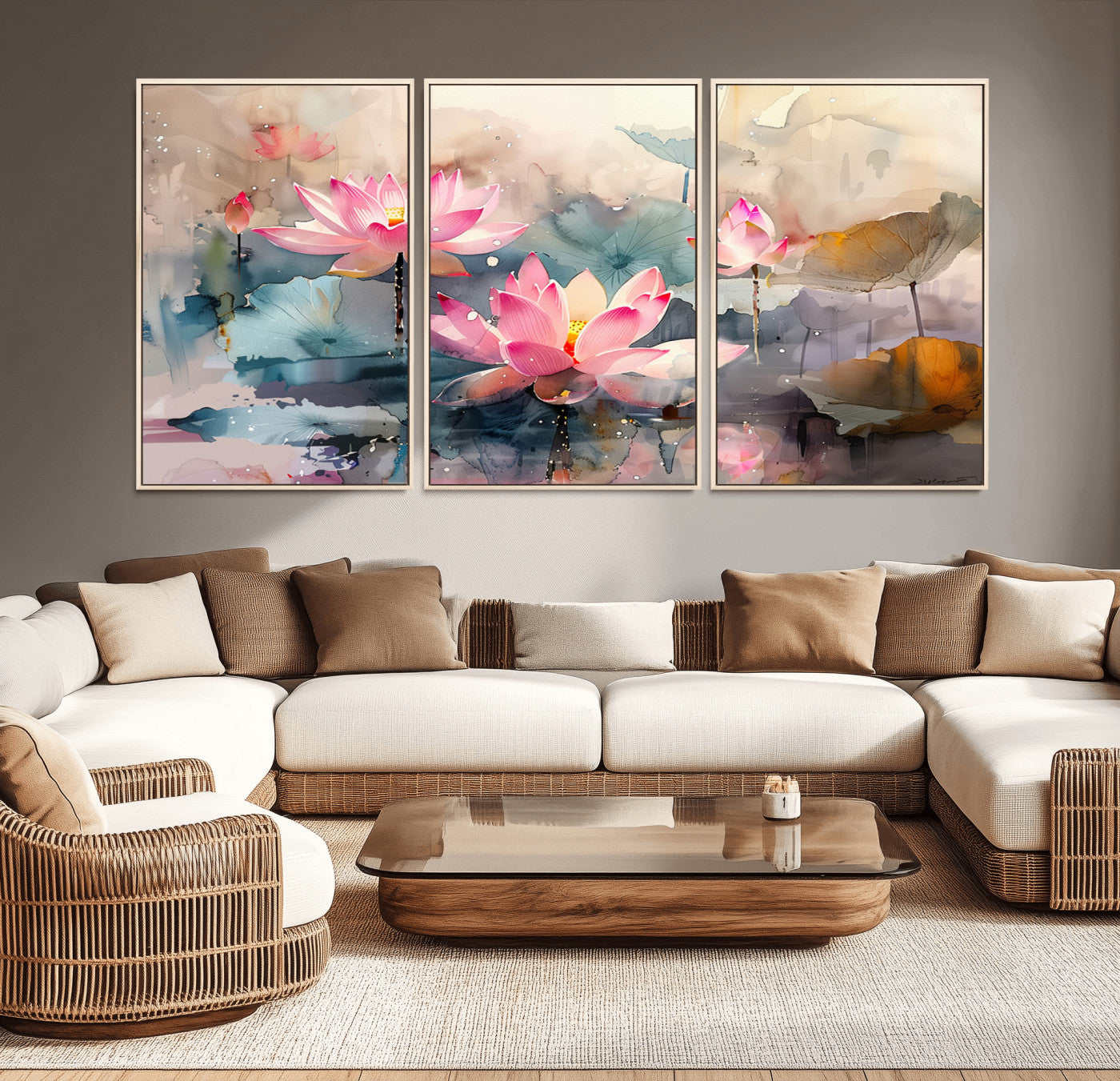 MGV-FC-60X30-3P - Lotus Flower Wall Art | 3-Panel Giclee Canvas Print of Pink Lotus Blossoms for Living Room, Bedroom, Office | Framed Lotus Floral Wall Art Decor Print