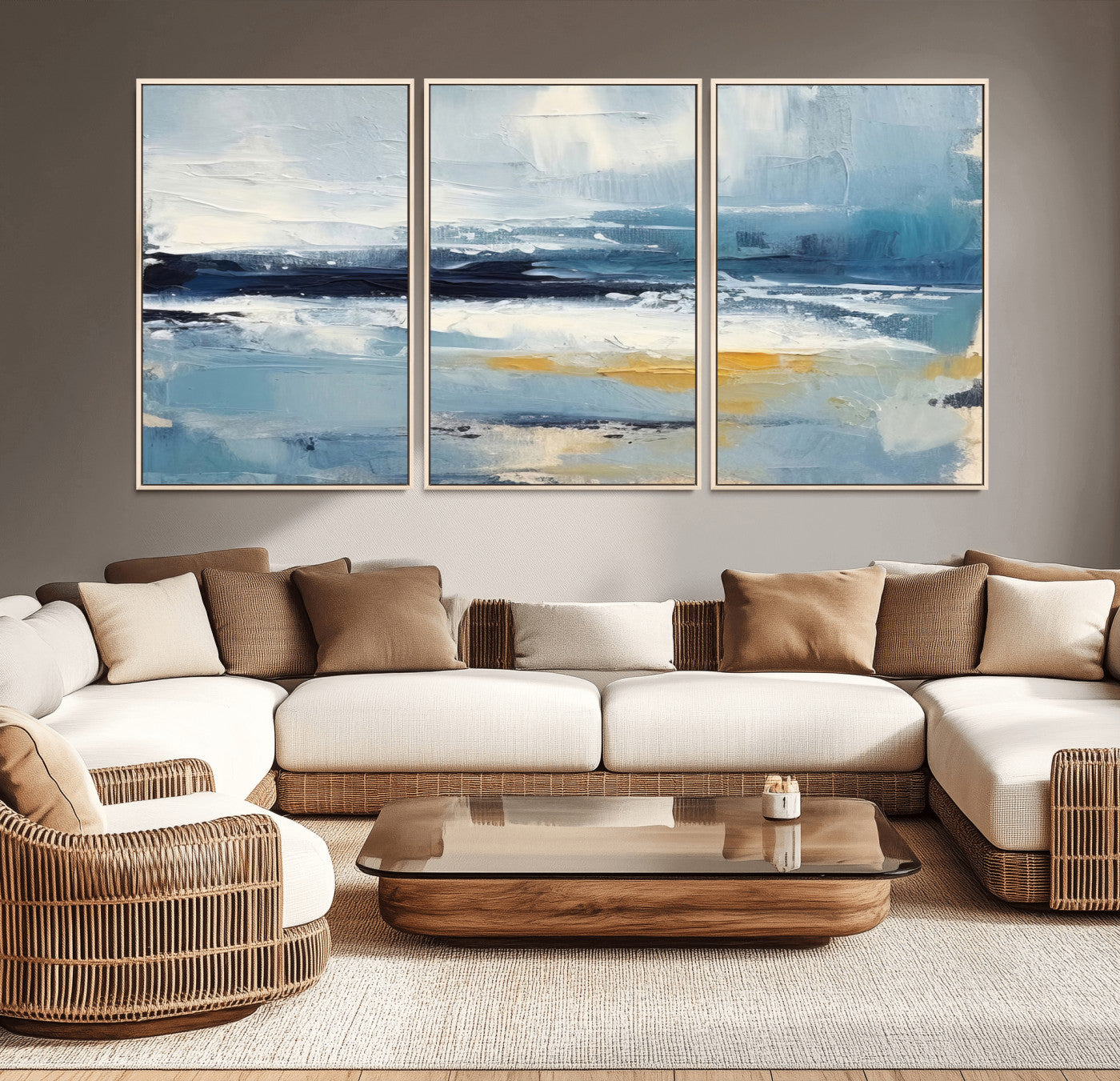 MGV-FC-60X30-3P - Abstract Ocean Canvas Wall Art - Coastal Blue and Gold Textured Painting, Modern Seascape Decor for Living Room Decor