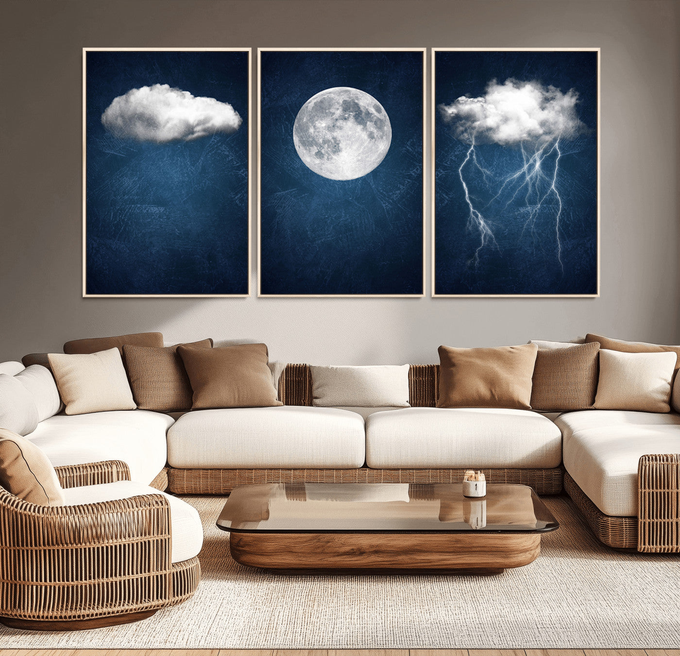 -Dark Blue Cloud Art, 3 Piece Indigo Blue Wall Art, Aesthetic Surreal Art, Thunderstorm Moon Cloud