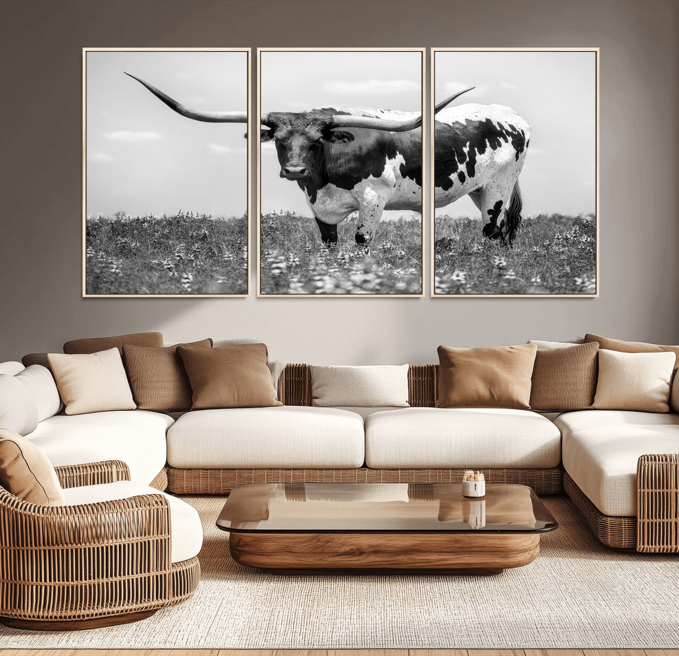 -Texas Black White Highland Longhorn Cow Wall Art Canvas Print