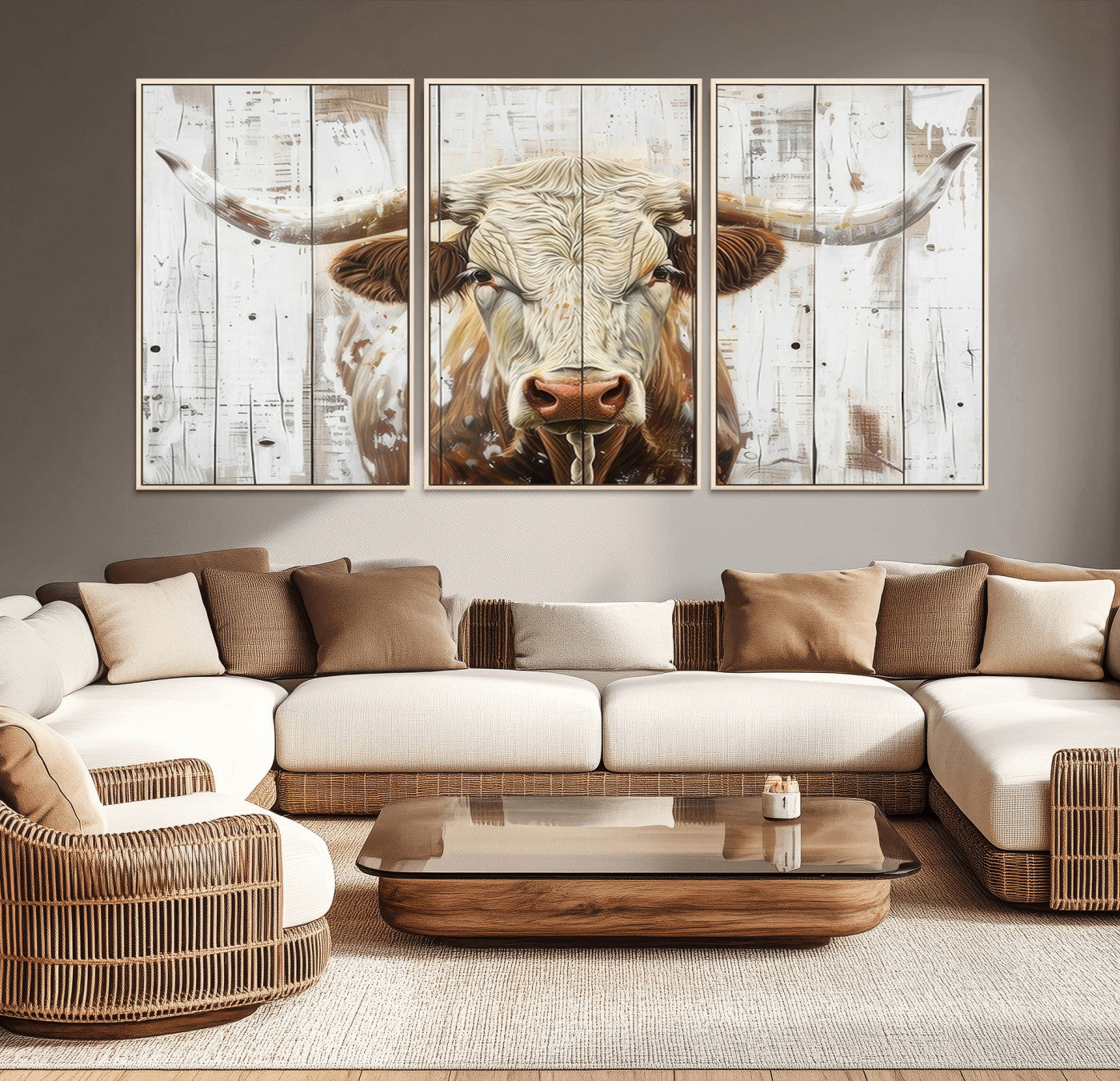 71551-MGV-CV-36X24-Rustic Longhorn Bull Wall Art Canvas Set – Western-Inspired Farmhouse Décor - Ready to Hang
