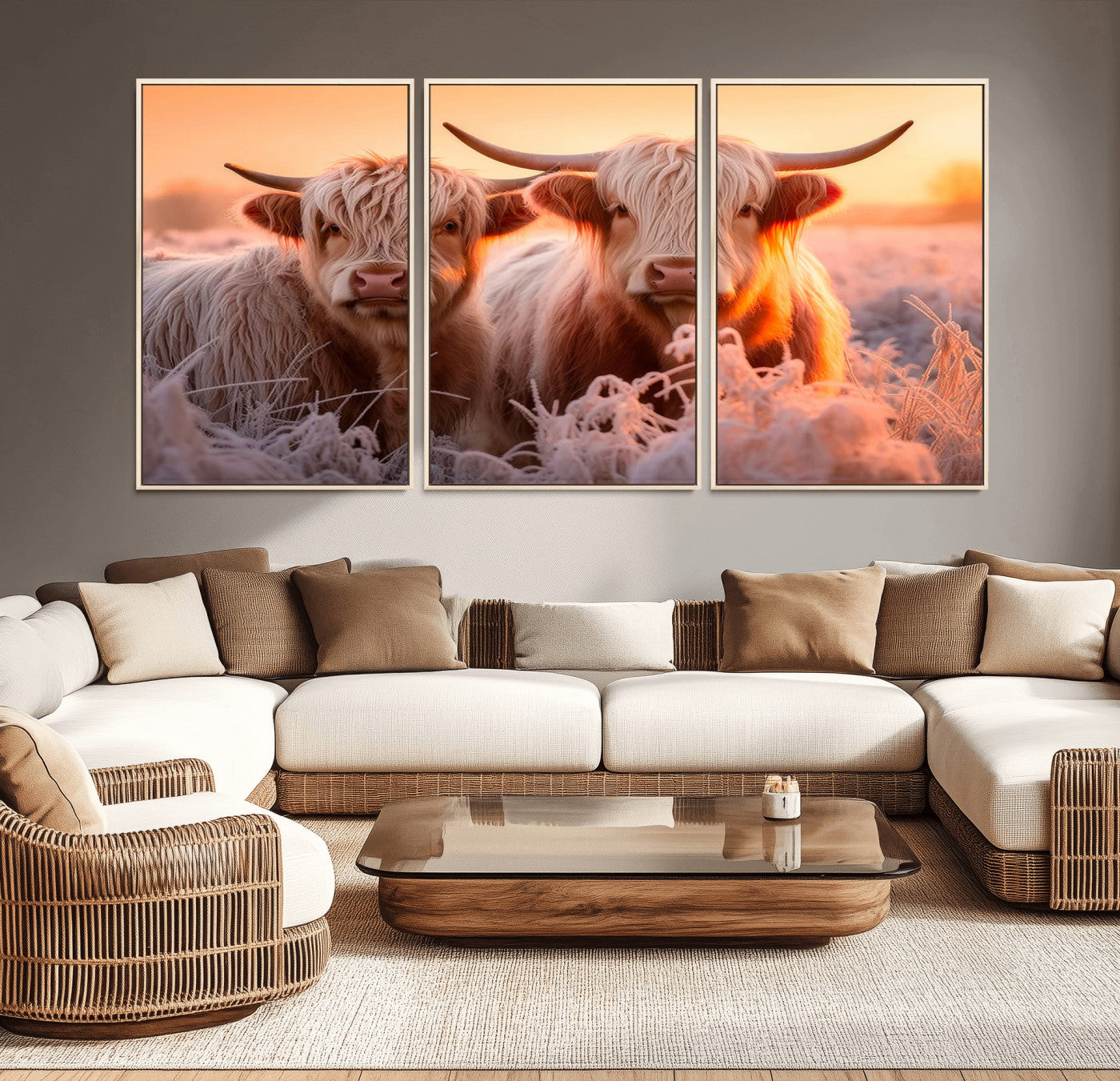 -Highland Cows at Sunrise Wall Art Canvas Set – Serene and Rustic Farmhouse Decor