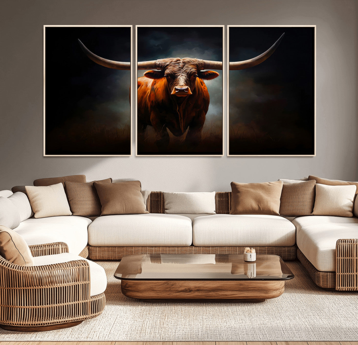 MGV-FC-60X30-3P - Abstract Texas Longhorn Wall Art Print | 3-Panel Large Texas Longhorn Canvas Print for Living Room,