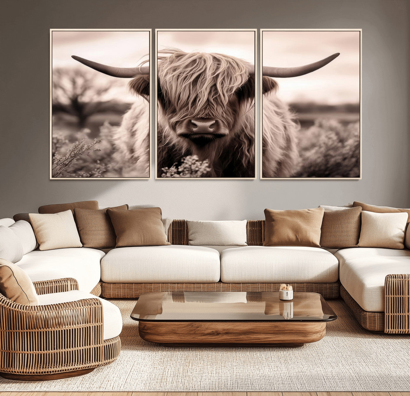 MGV-FC-60X30-3P - Scottish Cow Longhorn Wall Art Canvas Print
