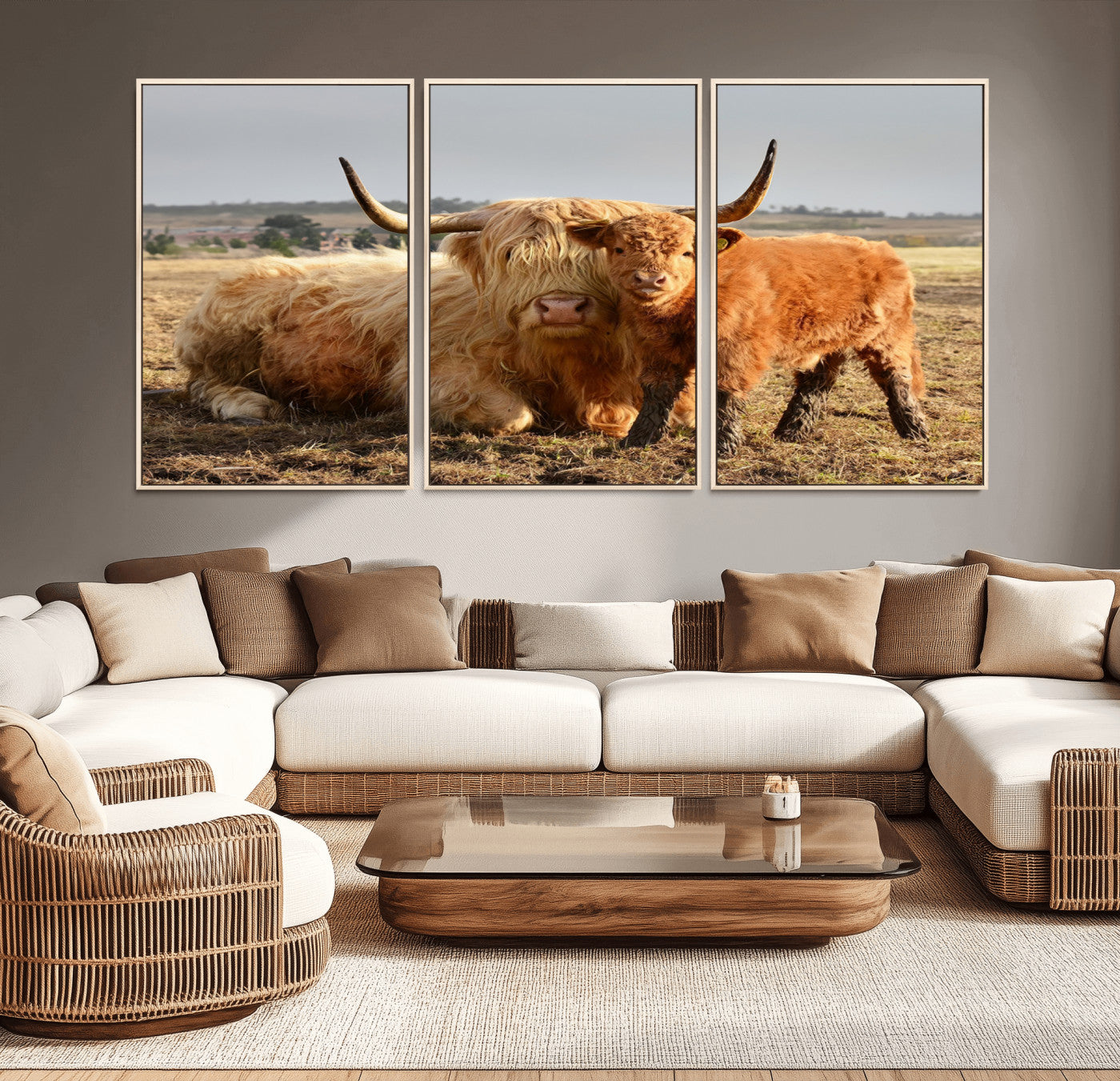 MGV-FC-60X30-3P - Highland Cow Canvas Wall Art Animal Print for Farm House Decor