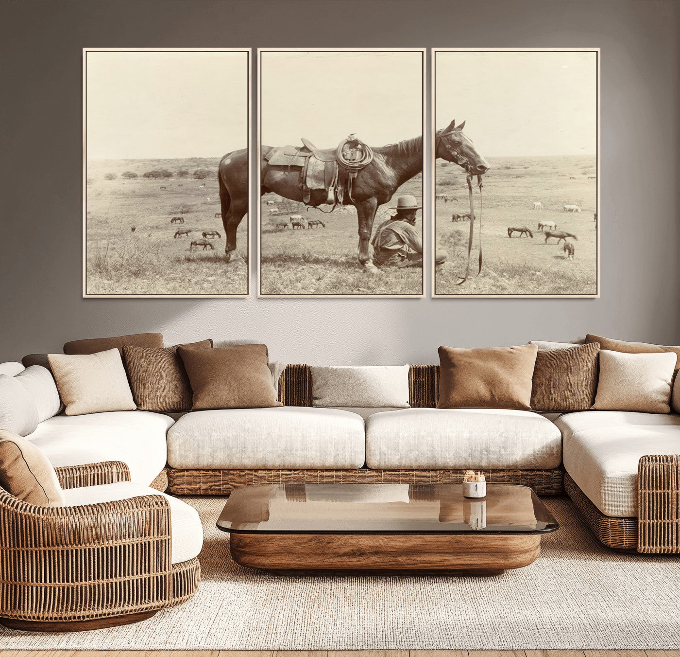 MGV-FC-60X30-3P - Cowboy Wall Art - Western Horse Canvas Print - Vintage Western Wall Art Canvas Print, Ready to Hang
