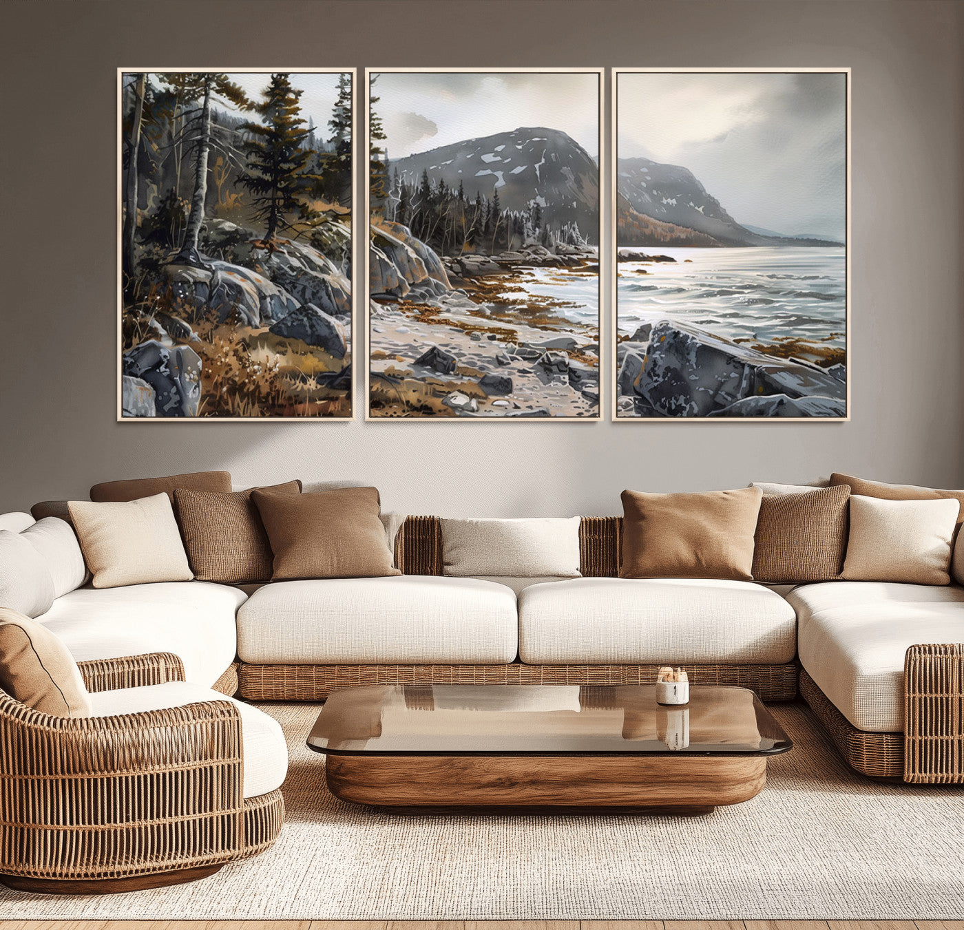 -Serene Coastal View of Acadia National Park - Stunning 3-Panel Wall Art Canvas Print, Framed, Ready