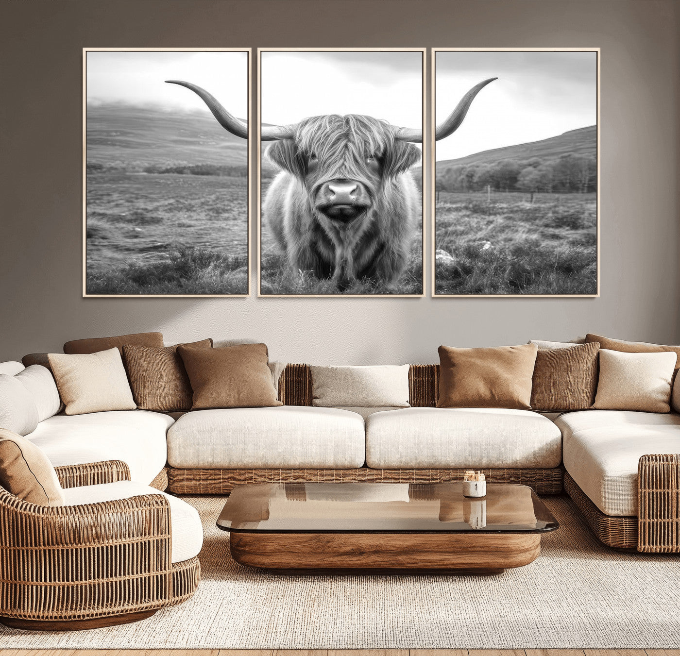 MGV-FC-60X30-3P - Black White Scottish Highland Cow Canvas Farm Wall Art Canvas Print