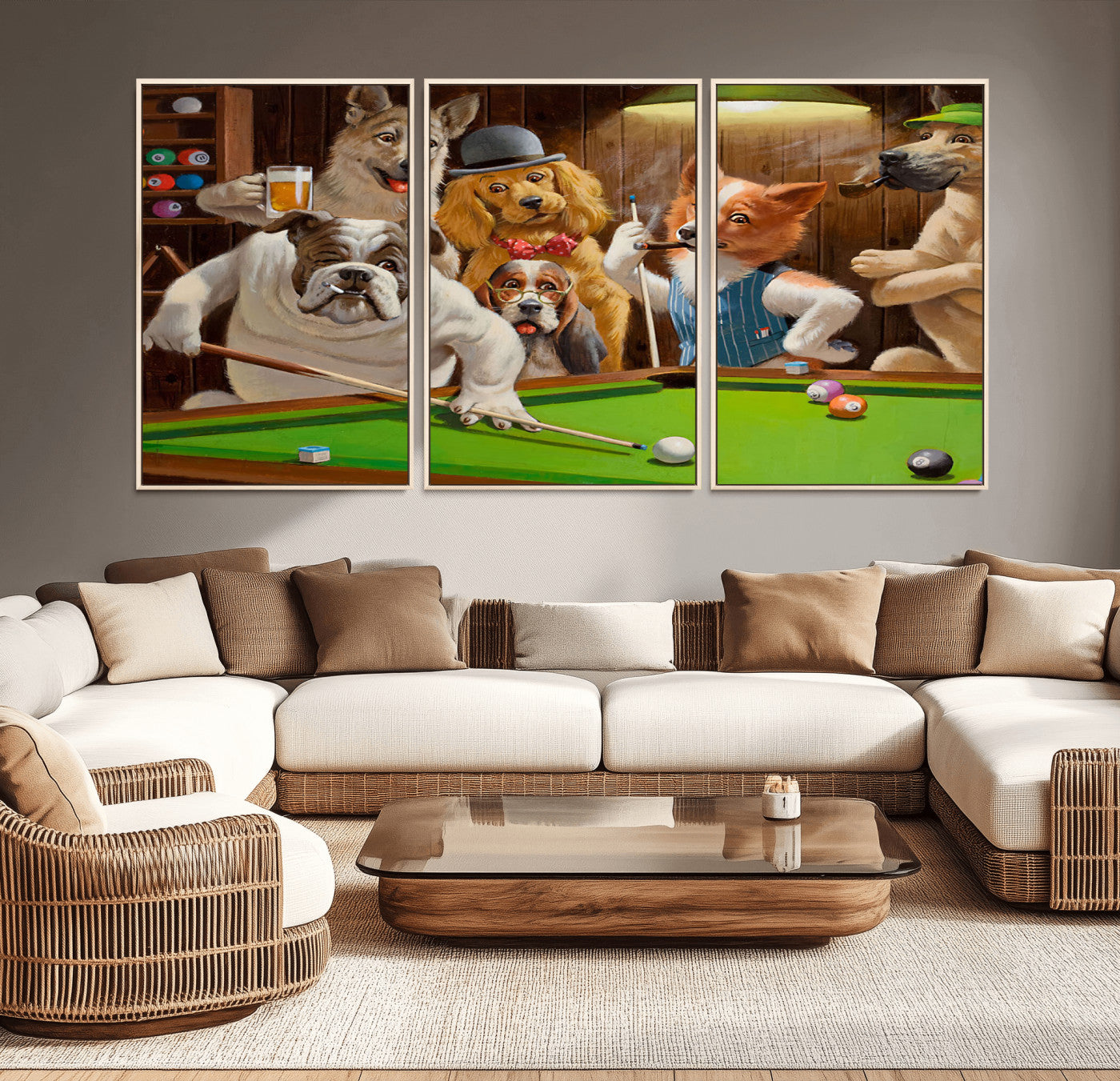 MGV-FC-60X30-3P - Dogs Playing Pool Canvas Wall Art Funny Gifts Dog Print