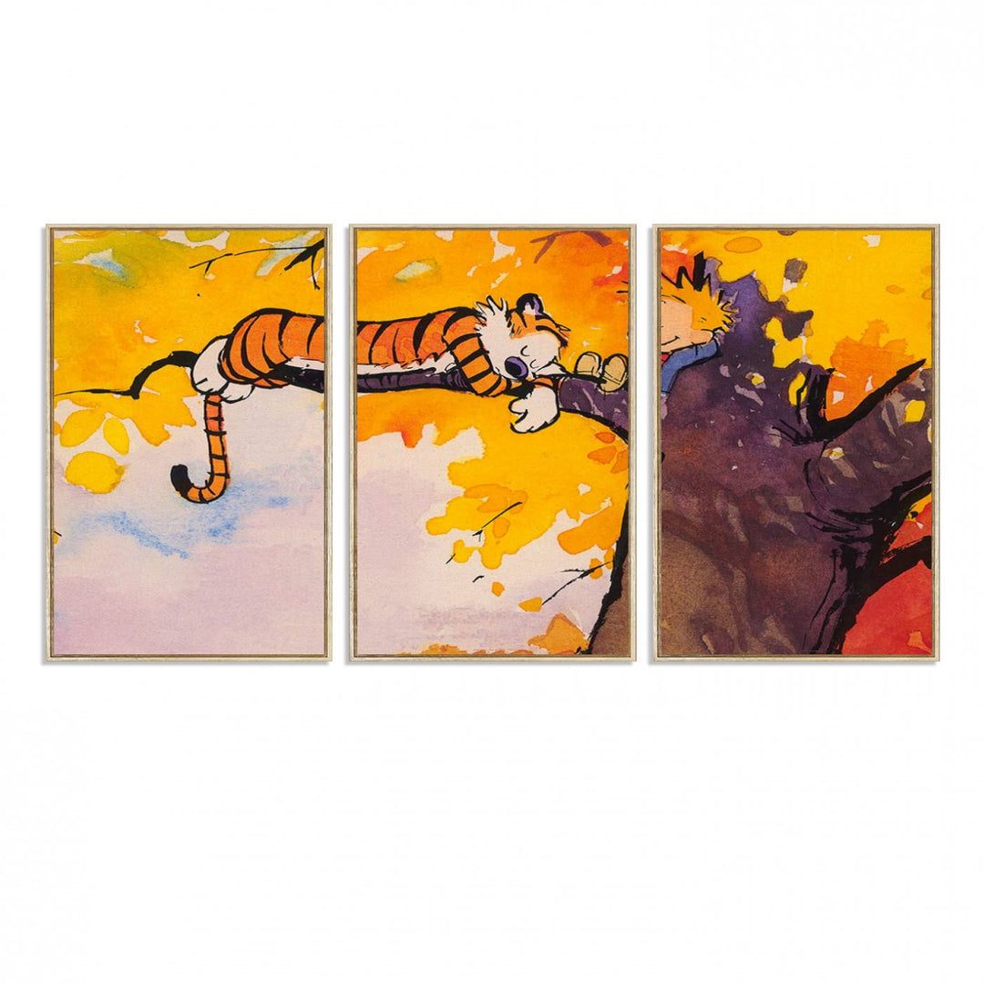 A wall art featuring a boy and a tiger amidst autumn leaves, reminiscent of the Calvin and Hobbes Tree Scene Canvas Print, ideal for creating a playful atmosphere.