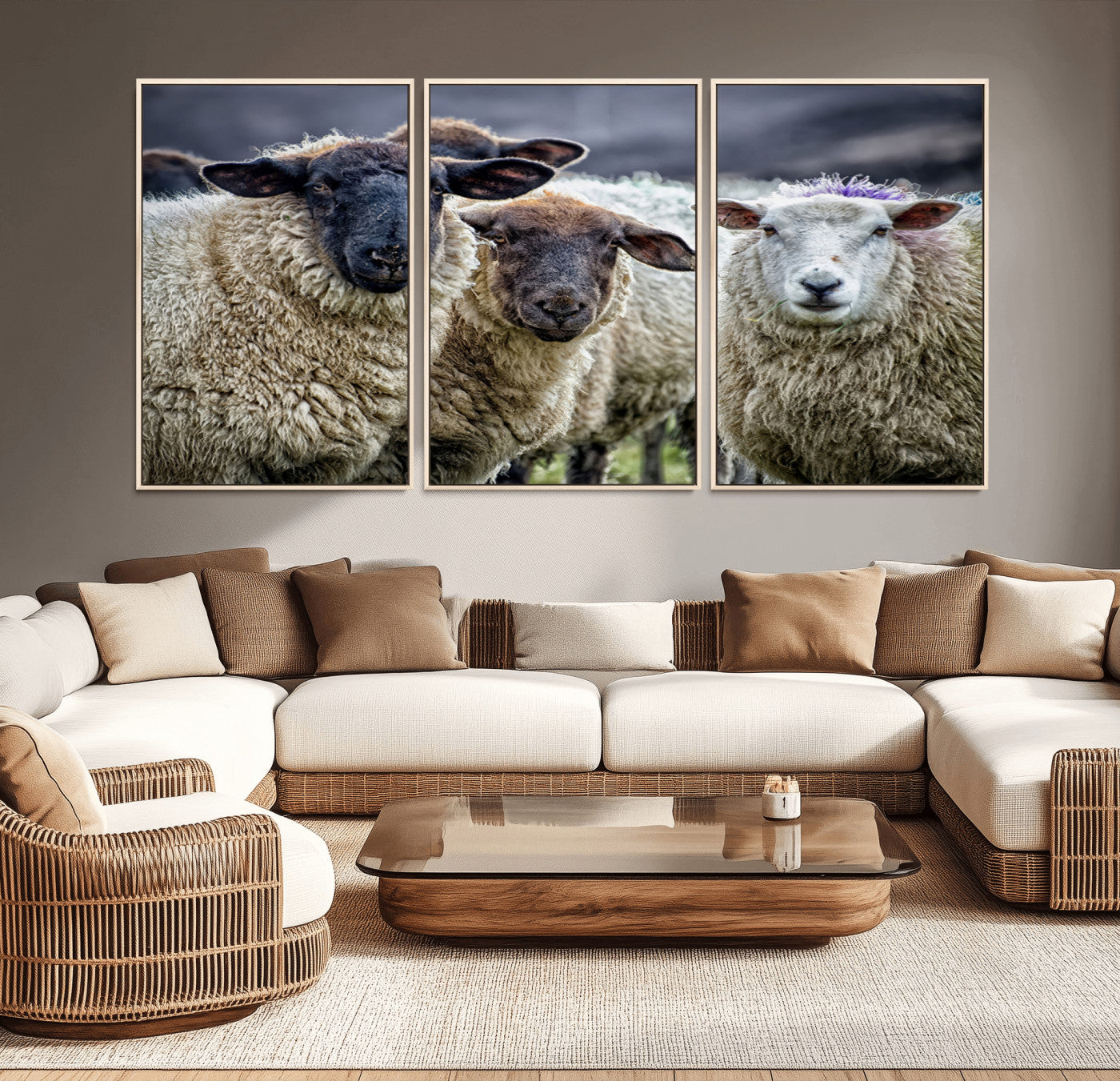 18418-MGV-CV-36X24-Charming Sheep Portrait Wall Art – Trio of Woolly Companions Canvas Print, Framed, Ready to Hang