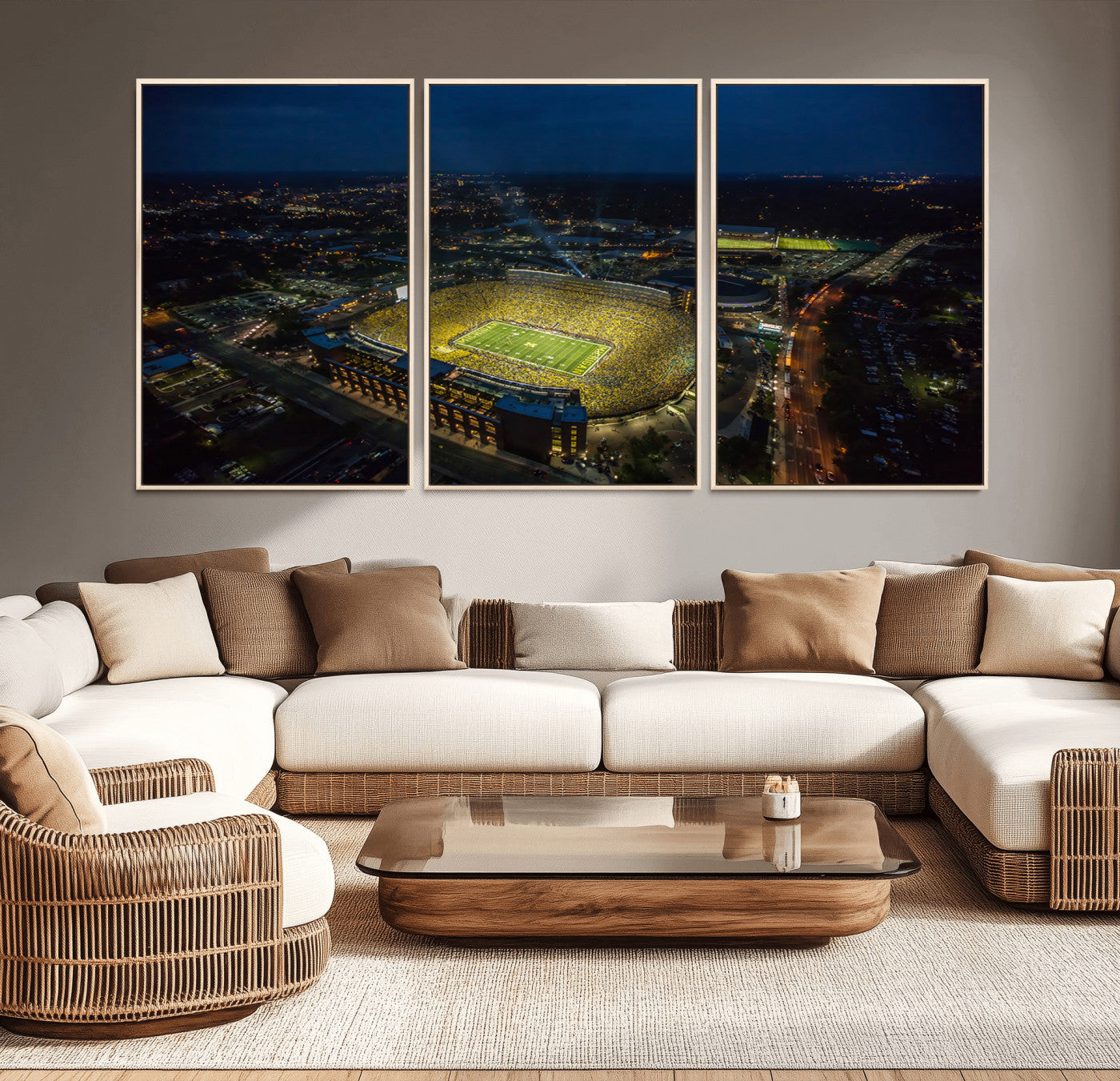 33588-MGV-CV-36X24-Michigan Stadium Night Game Wall Art – Sports Arena Aerial View Canvas Print, Framed, Ready to Hang