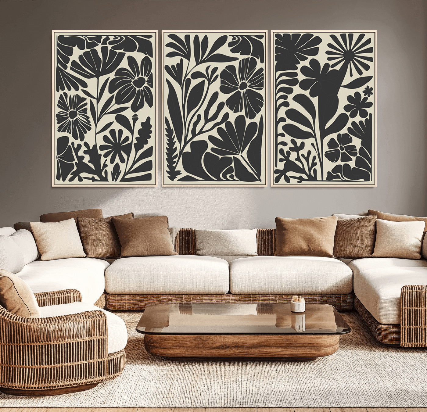 MGV-FC-60X30-3P - Modern Botanical Wall Art - Floral Black and White Canvas Print, Framed, Ready to Hang