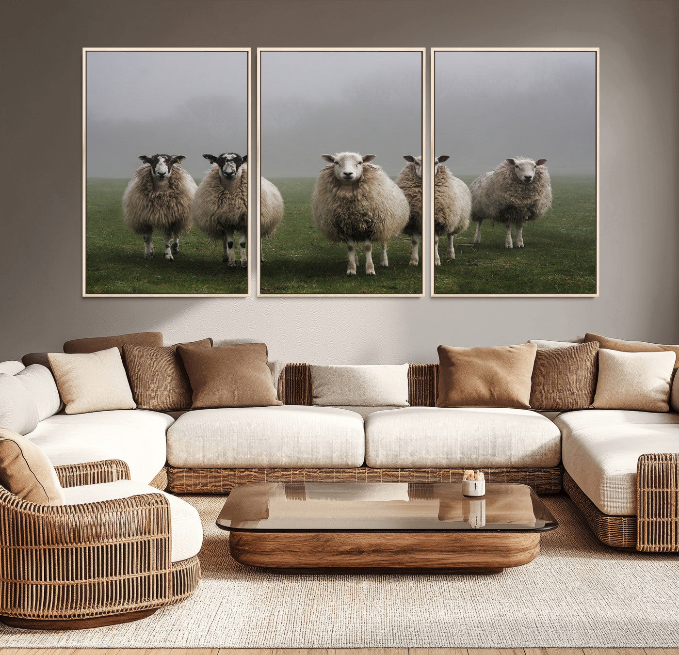 -Flock of Sheep in a Mystical Fog – Pastoral Wall Art Canvas Print, Framed, Ready to Hang
