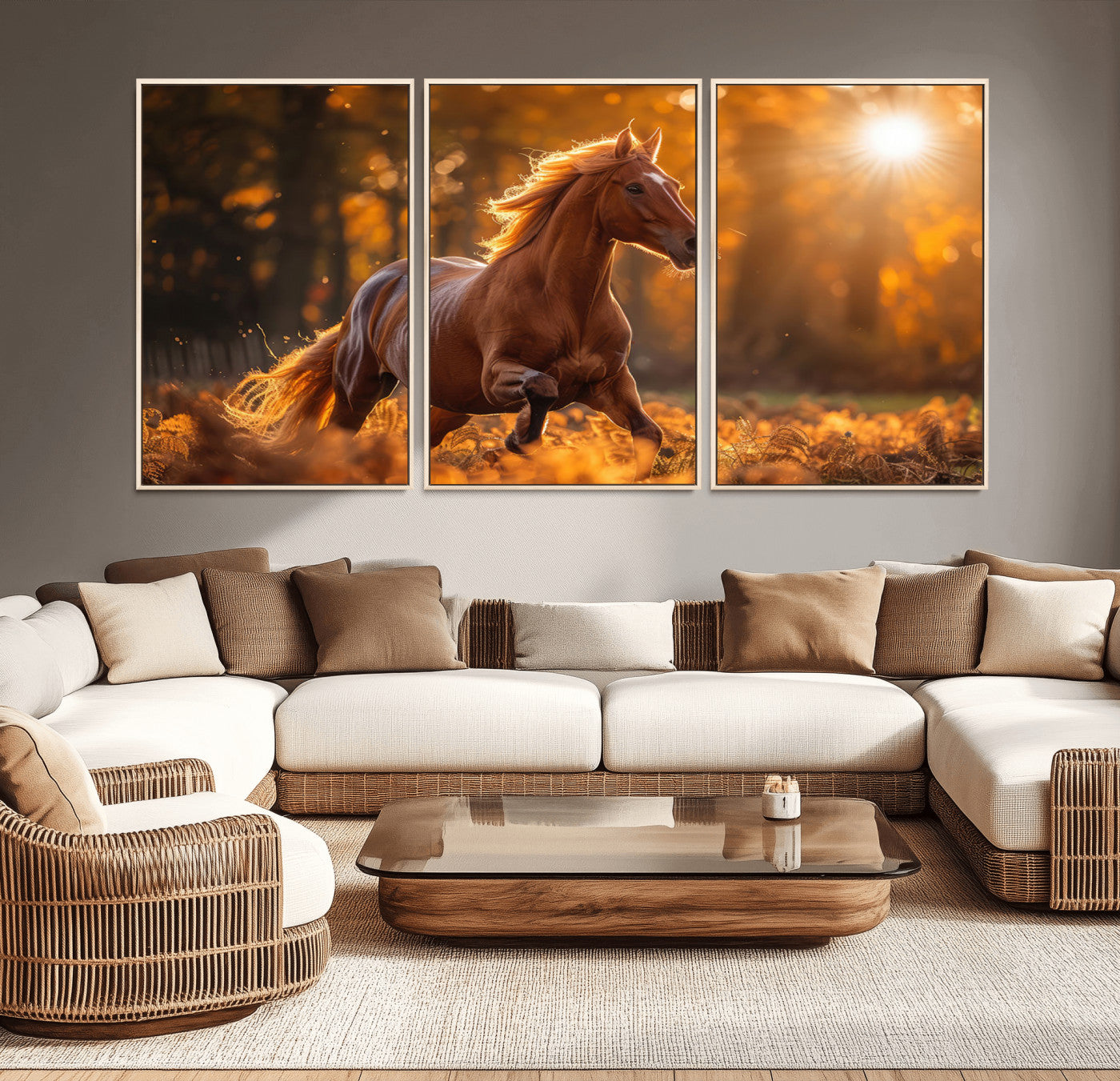 -Running Horse Sunset Forest Wall Art Canvas Print