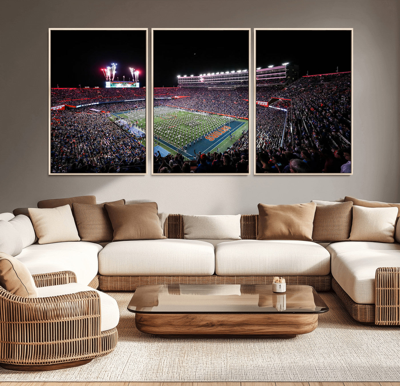 MGV-FC-60X30-3P - Ben Hill Griffin Stadium Night Game Triple Canvas Wall Art - Florida Gators Football Match
