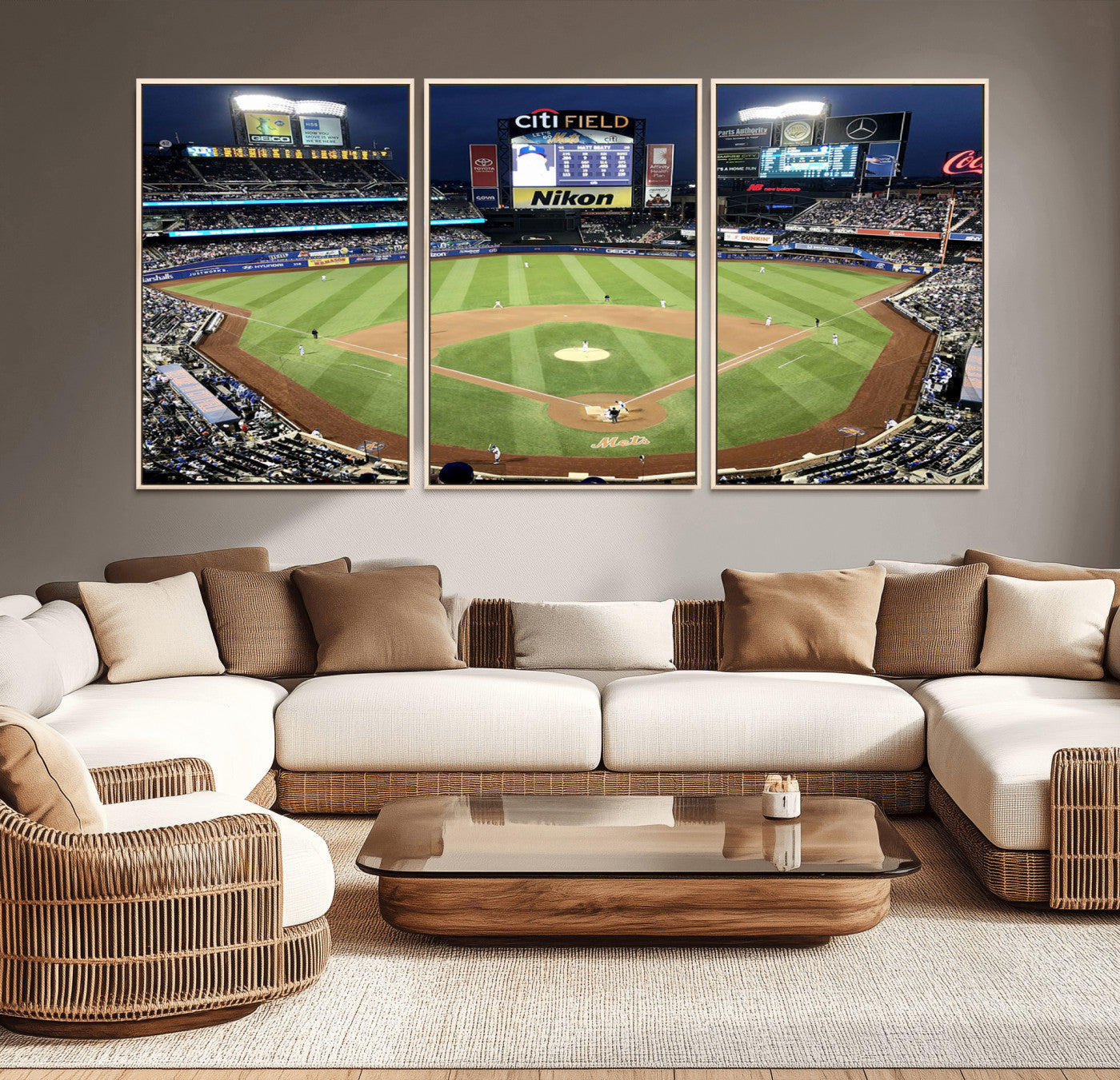 MGV-FC-60X30-3P - Citi Field Wall Art Print | 3-Panel New York Mets Baseball Stadium Canvas Print | Framed Sports Decor for Living Room, Man Cave, or Office Decor