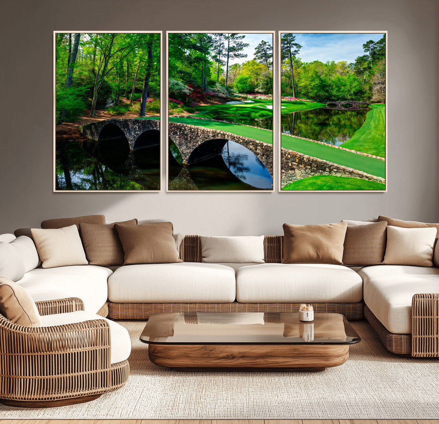 MGV-FC-60X30-3P - Augusta National Golf Club Wall Art - Panoramic Bridge & Lush Greenery – Premium Framed,