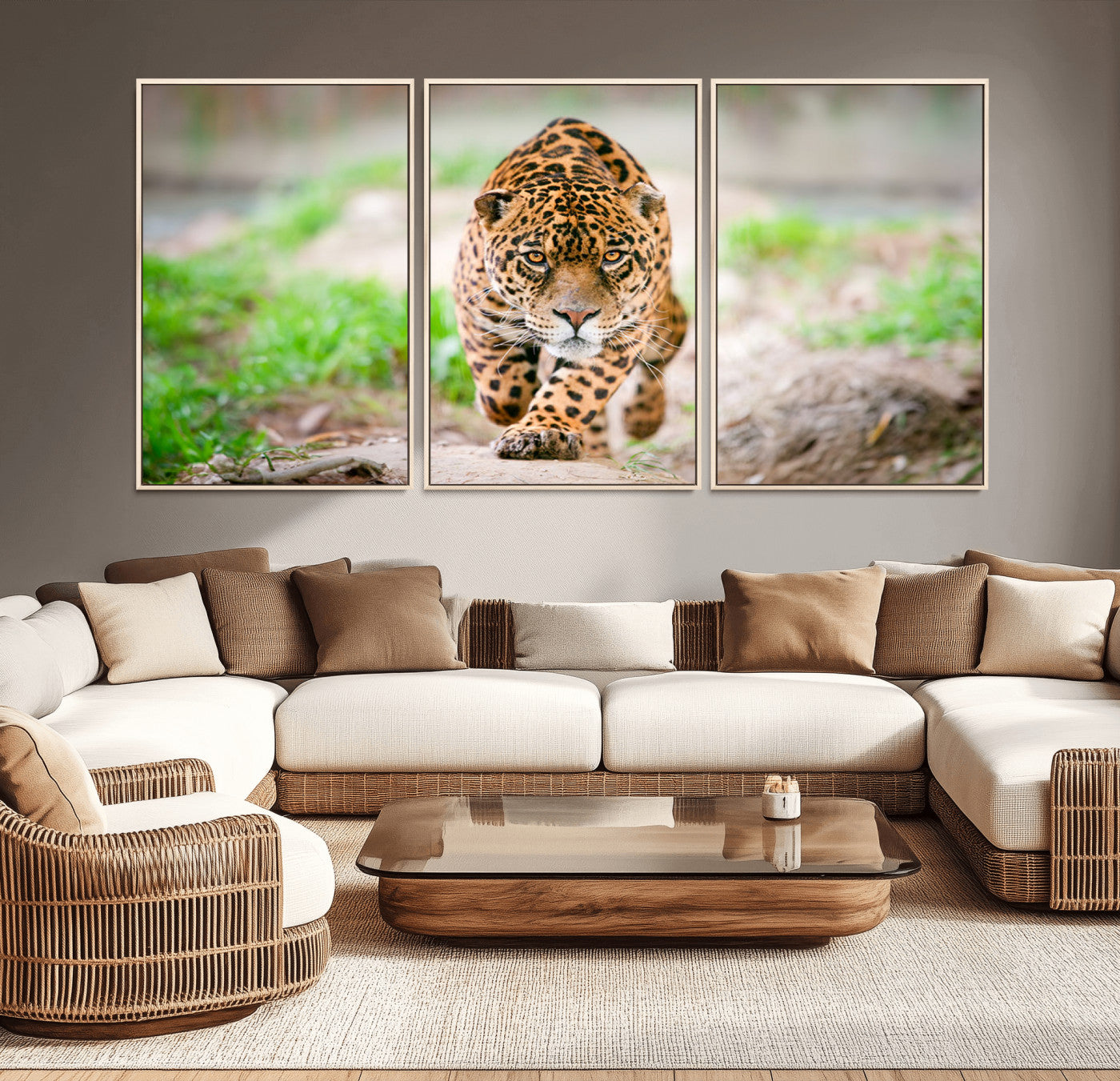 MGV-FC-60X30-3P - Leopard on the Prowl - Stunning Large Framed Canvas Wall Art for Living Room, Bedroom, or Office Décor, Vibrant Wildlife Print, Ready to Hang