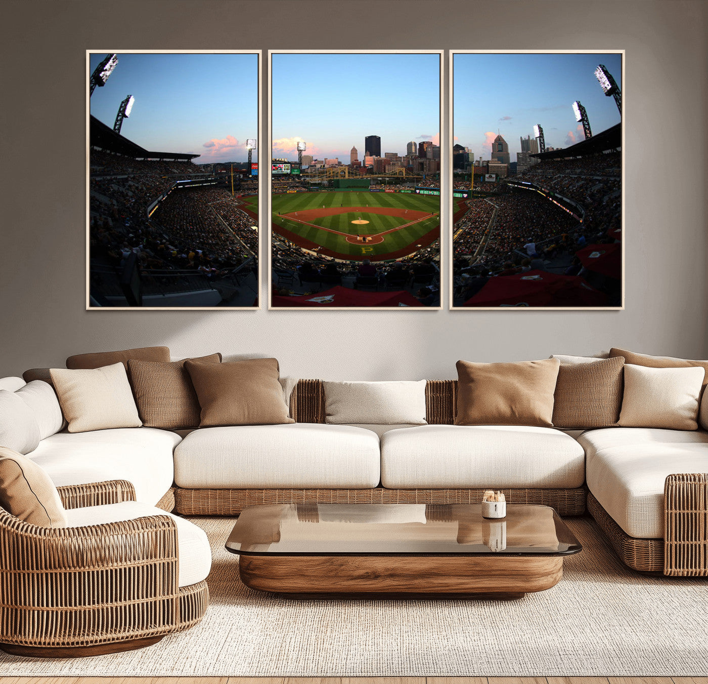 67670-MGV-CV-36X24-PNC Park Evening Game Triple Canvas Wall Art - Pittsburgh Pirates MLB Match - PNC Park Stadium Wall