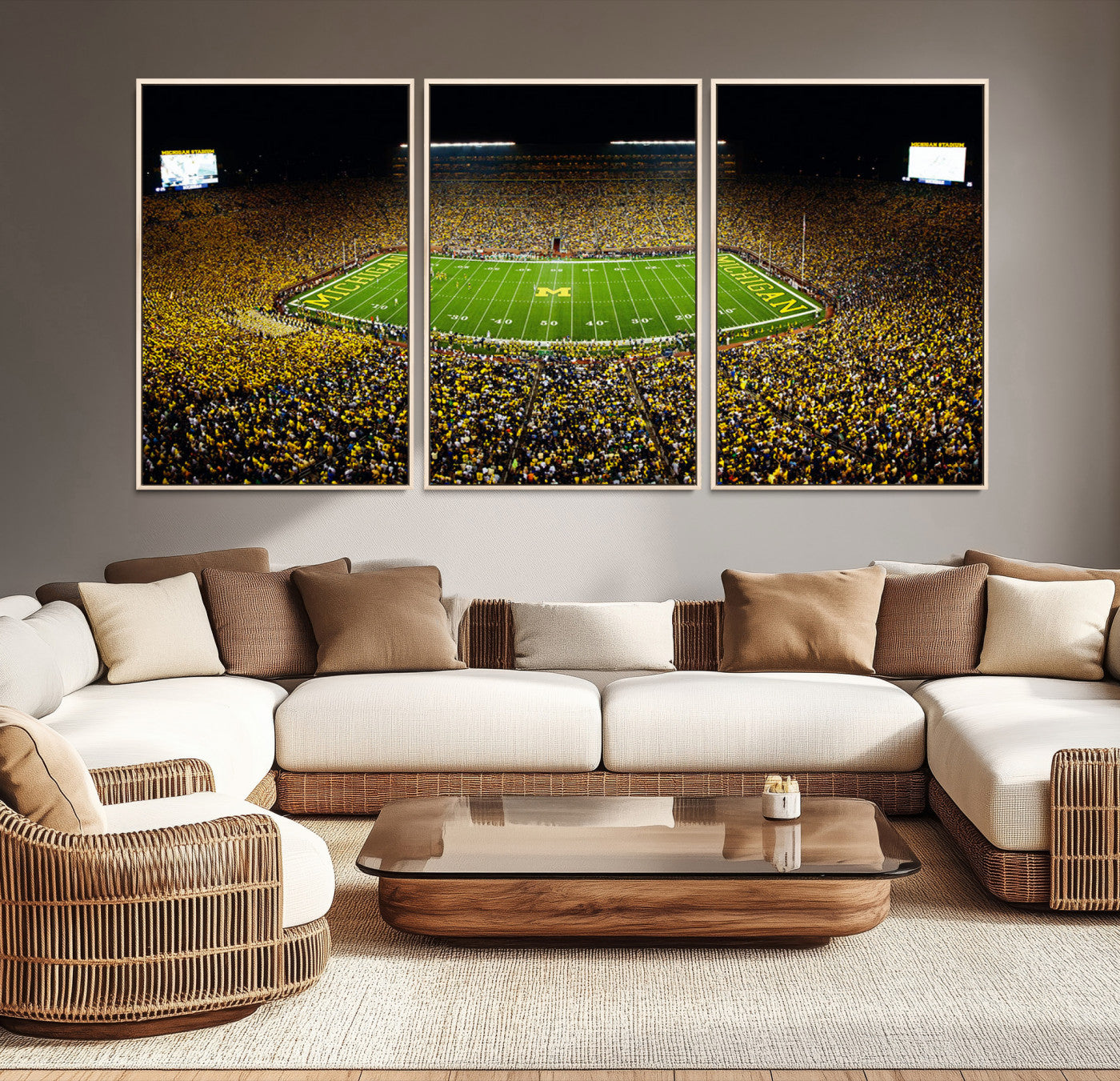 26166-MGV-CV-36X24-Stadium in Michigan Wall Art Canvas Print, Framed American Football Stadium Art Picture Print, Football Stadium Field Perfect Sports Room Decor Artwork