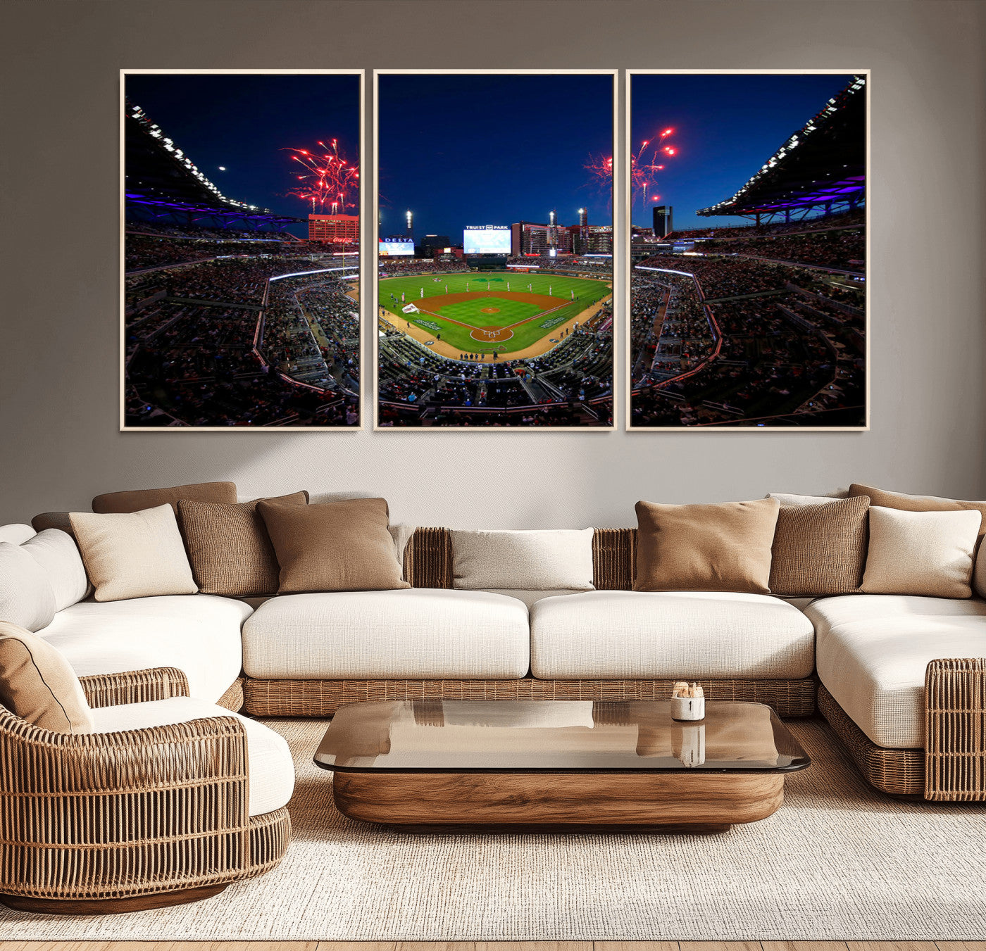MGV-FC-60X30-3P - Truist Park Atlanta Braves Baseball Stadium Wall Art Print | Large 3-Panel Canvas Print for Sports Fans | Framed, Ready-to-Hang Baseball Decor