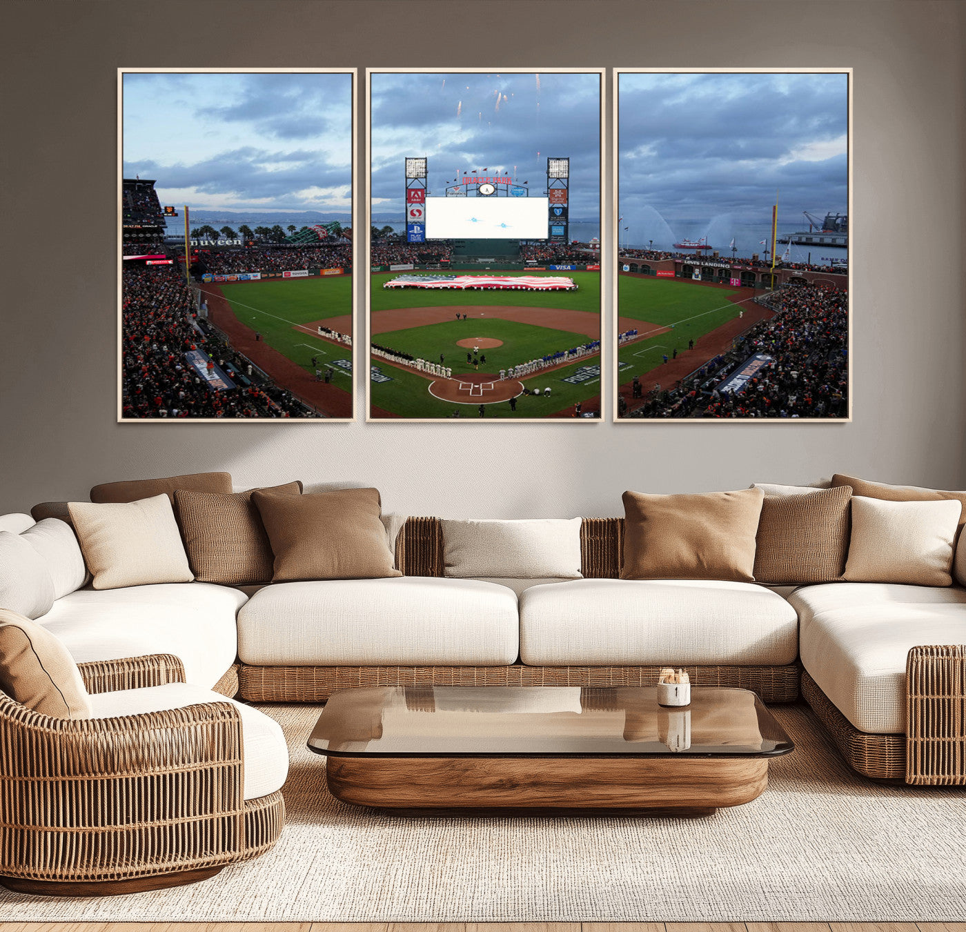 MGV-FC-60X30-3P - Oracle Park San Francisco Giants Wall Art | 3-Panel Canvas Print of Oracle Park Stadium | Large Framed Baseball Wall Decor | Ready-to-Hang MLB Canvas Print
