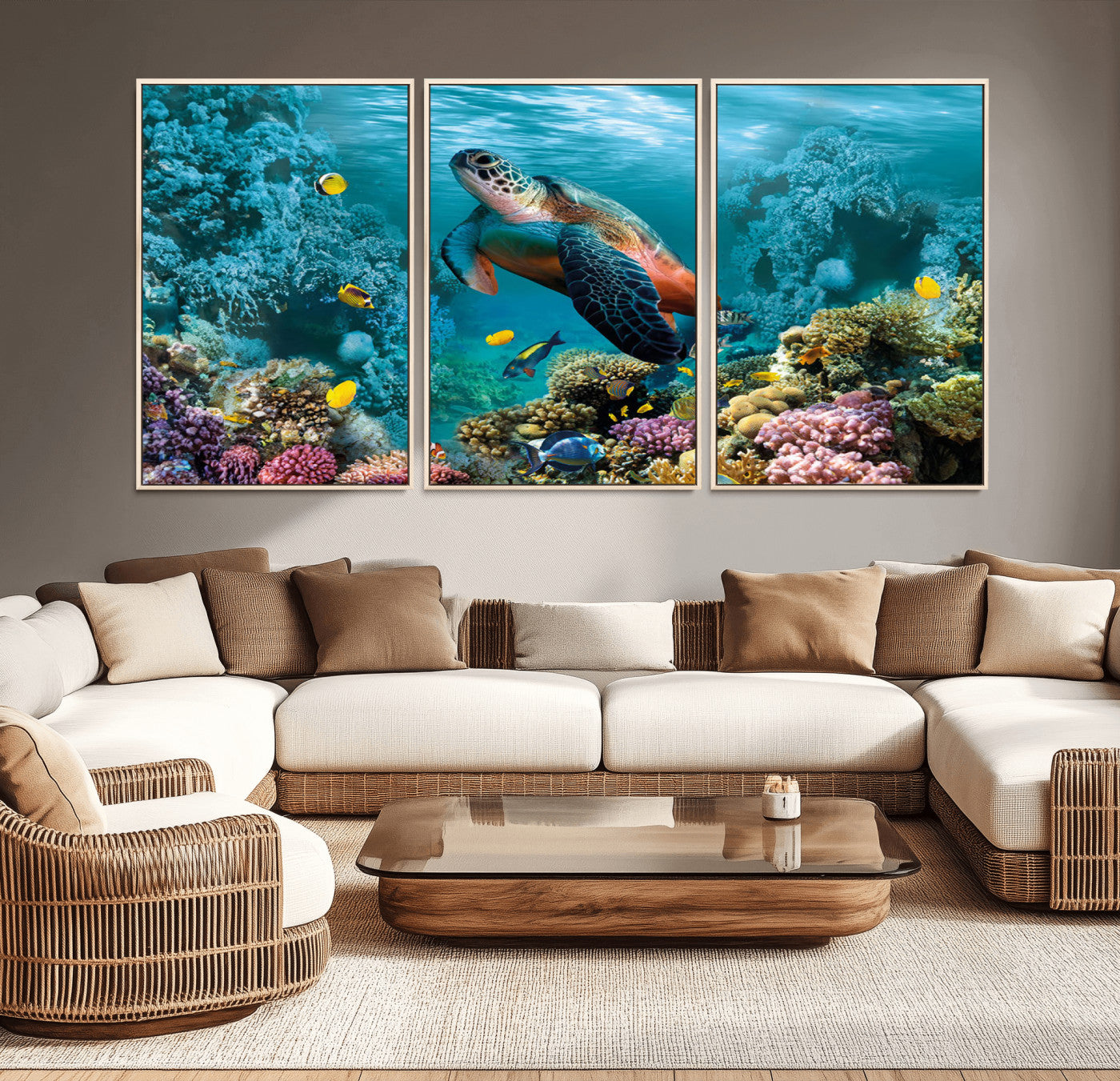 MGV-FC-60X30-3P - Sea Turtle and Coral Reef Triptych Wall Art – Vibrant Underwater Scene Canvas Set for Ocean Lovers and Coastal Decor – Ready to Hang 3-Panel Artwork