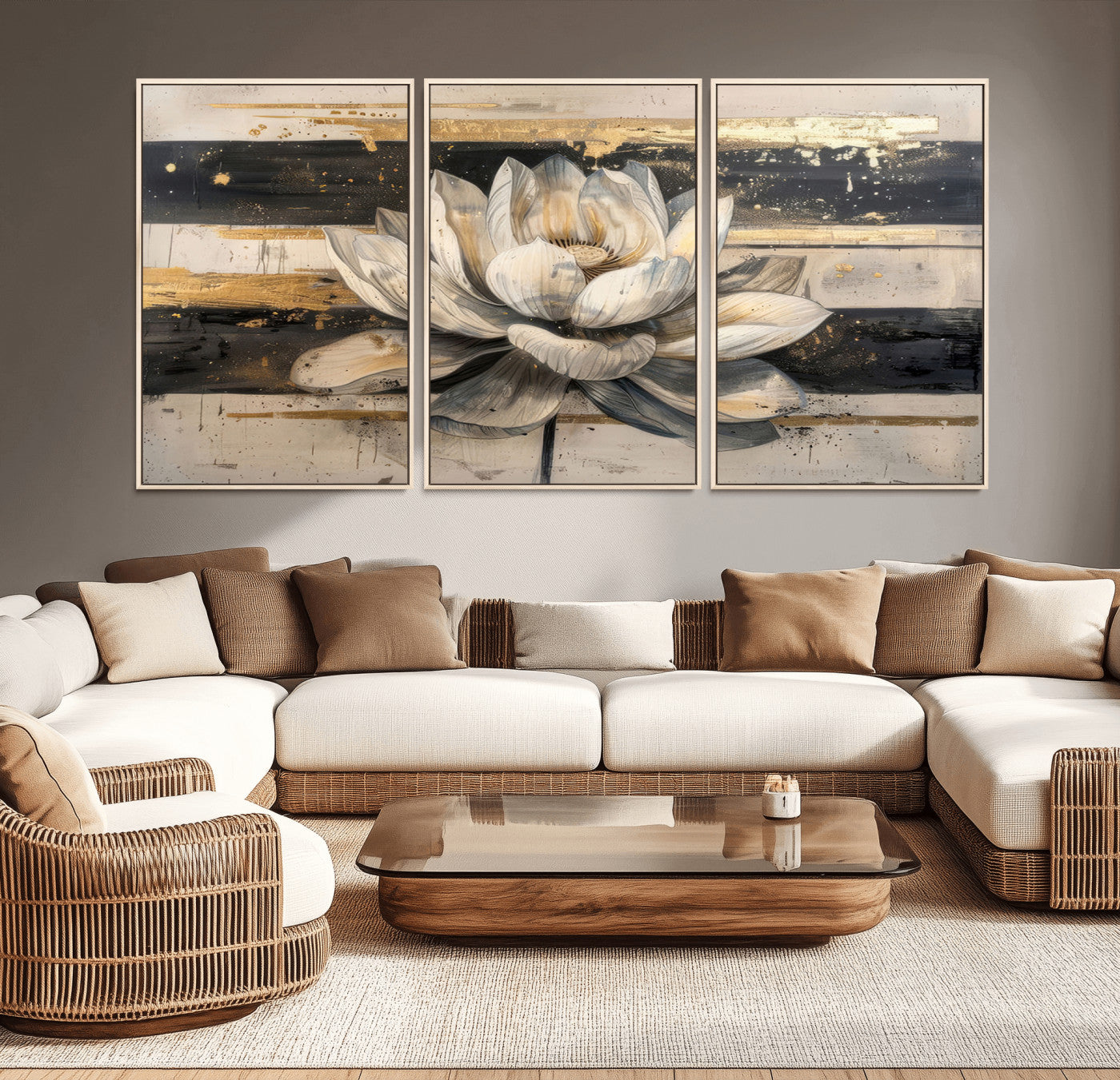 MGV-FC-60X30-3P - Lotus Flower Wall Art Canvas Print, Framed Abstract Lotus Art Picture Print, White Lotus Flower Perfect Abstract Floral Decor Artwork