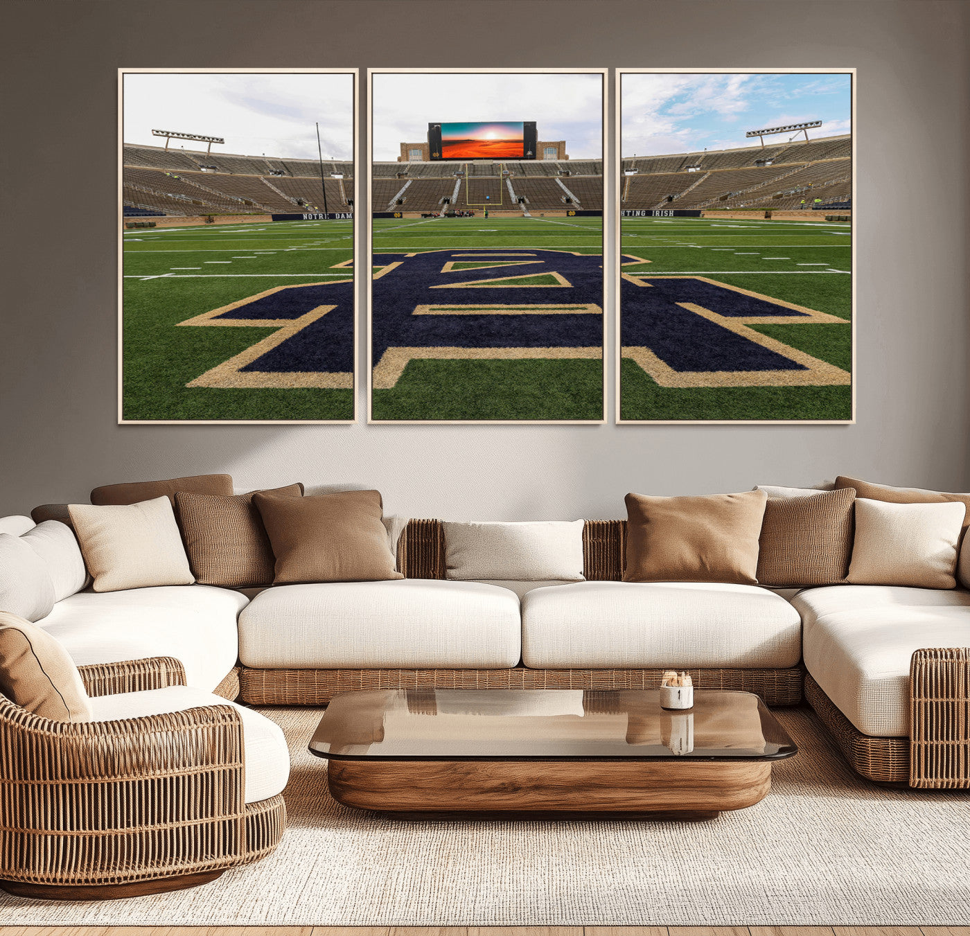 MGV-FC-60X30-3P - Notre Dame Stadium Giclee Canvas Print | Triptych Wall Art Featuring Iconic Notre Dame Football Field | Ready-to-Hang Sports Stadium Decor