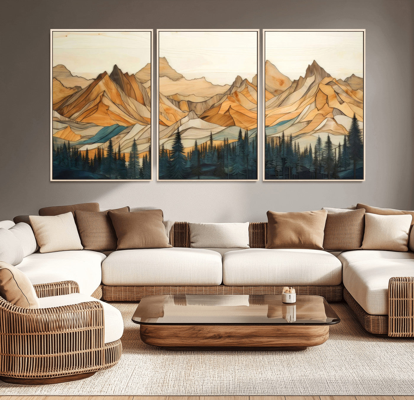 31576-MGV-CV-36X24-Rustic Wood Mountain Wall Art Print | Triptych Giclee Print Featuring Handcrafted Forest and