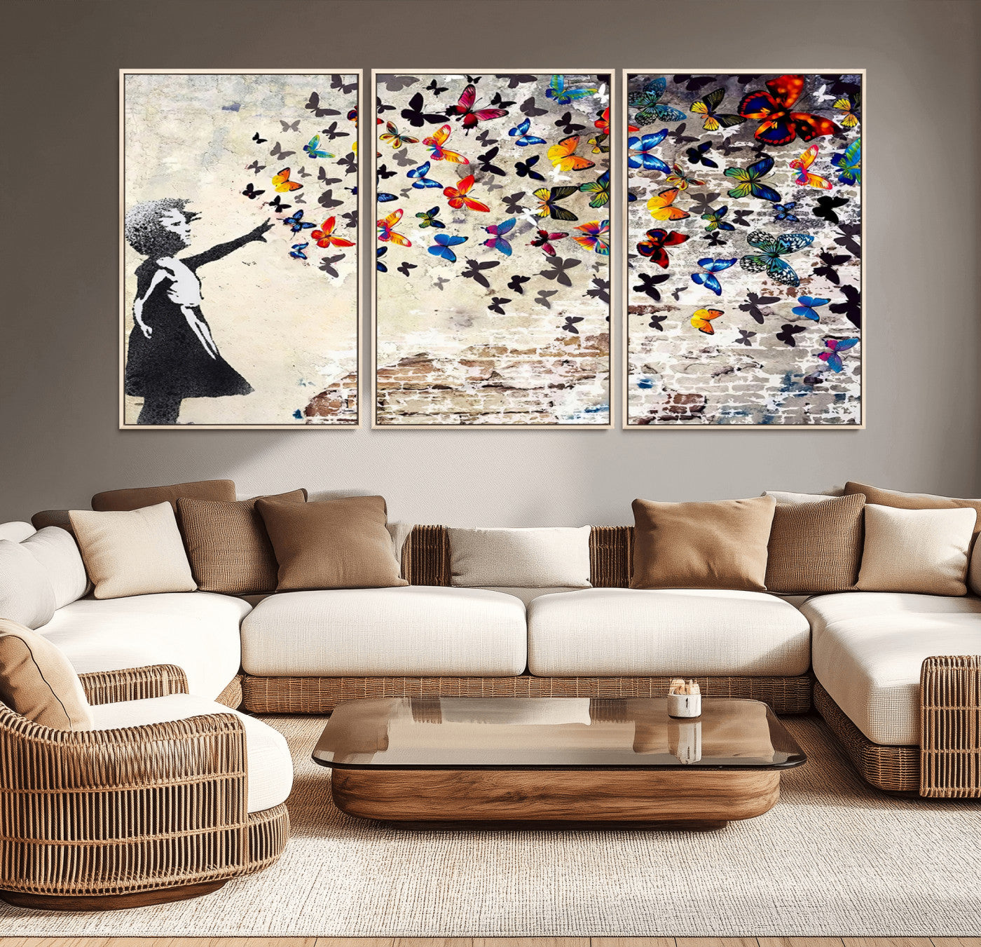 MGV-FC-60X30-3P - Banksy Graffiti Wall Art Canvas Print: Girl Releasing Vibrant Butterflies – Ready to Hang
