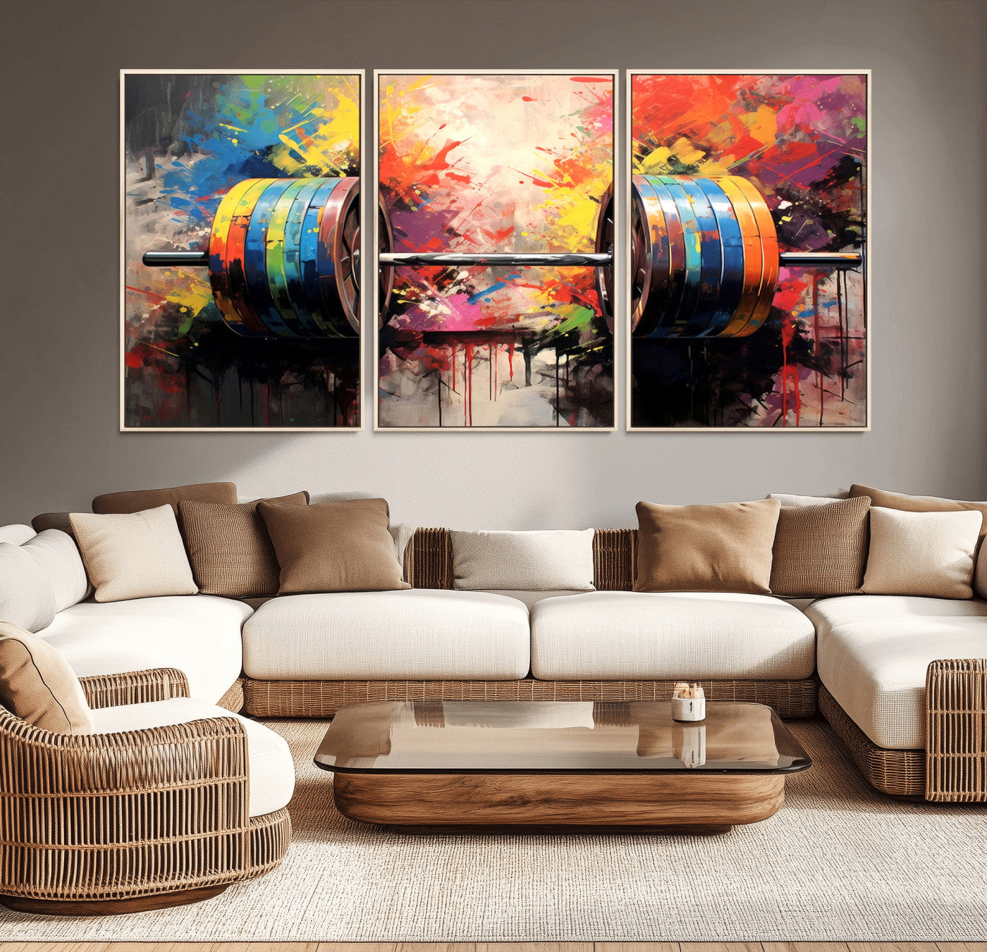 MGV-FC-60X30-3P - Weightlifting Barbell Art Triptych, Bold Abstract Fitness Wall Decor for Gym or Home, Giclee Canvas Print