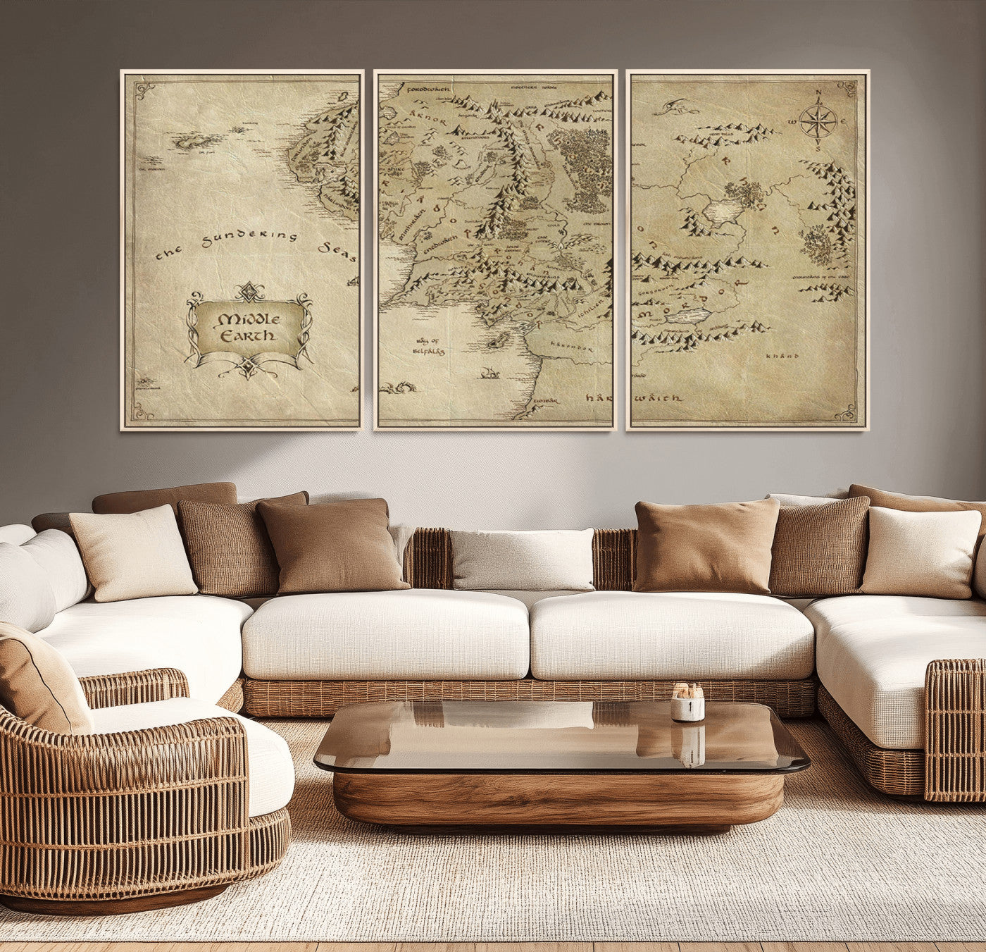 MGV-FC-60X30-3P - Lord Of The Rings Middle Earth Map Canvas Wall Art Print, Vintage Style Lord of the Rings Wall Art