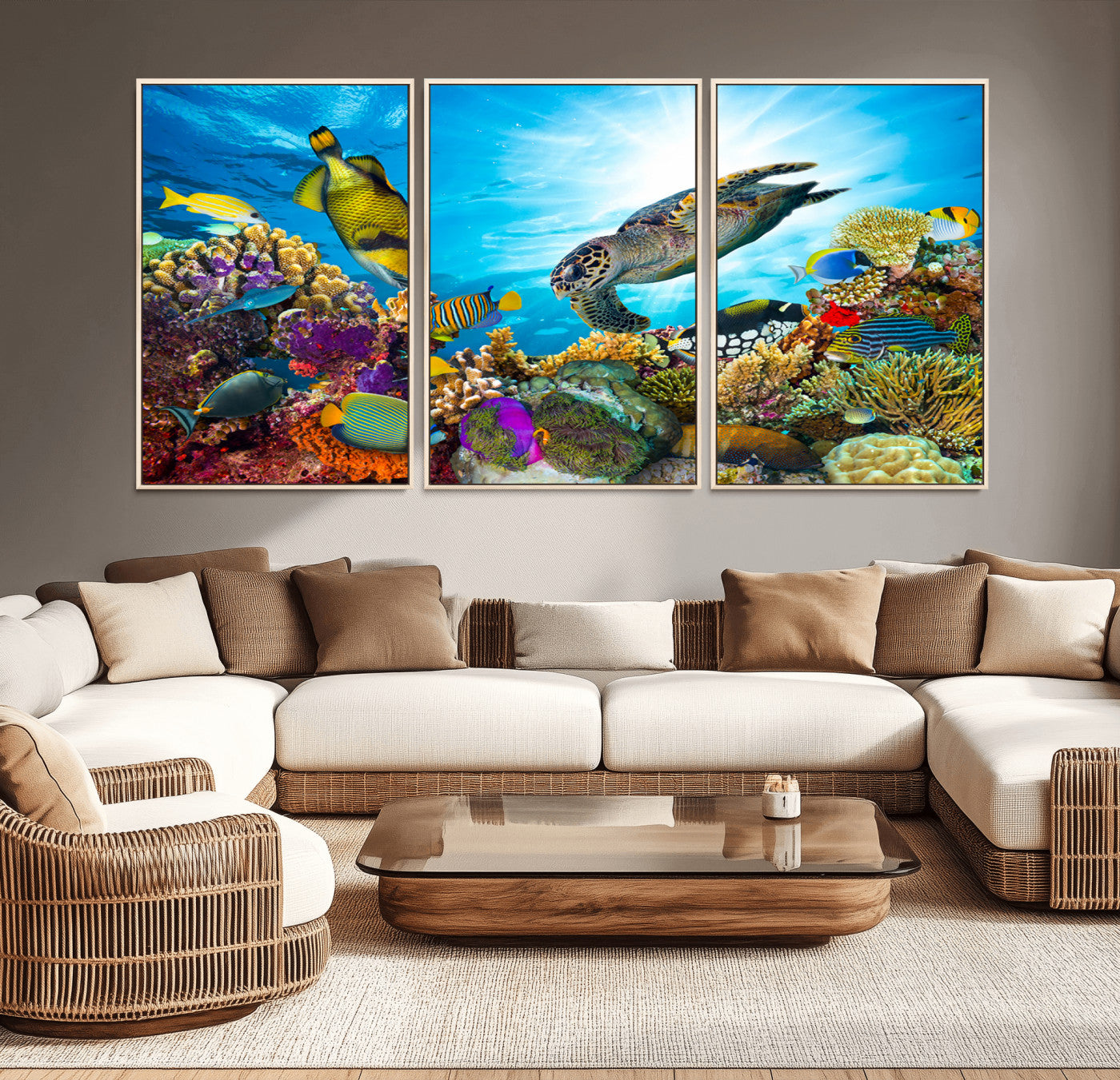 -Colorful Coral Reef and Sea Life Turtle Canvas Print, Underwater Tropical Ocean Wall Art for Home
