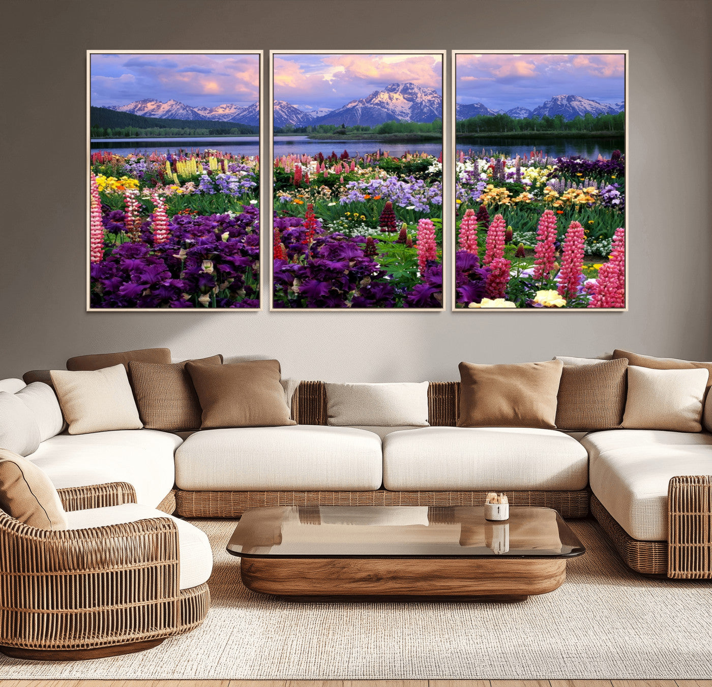 MGV-FC-60X30-3P - Wildflower Canvas Print – Blooming Floral Meadows with Majestic Mountain Backdrop, Ready to Hang