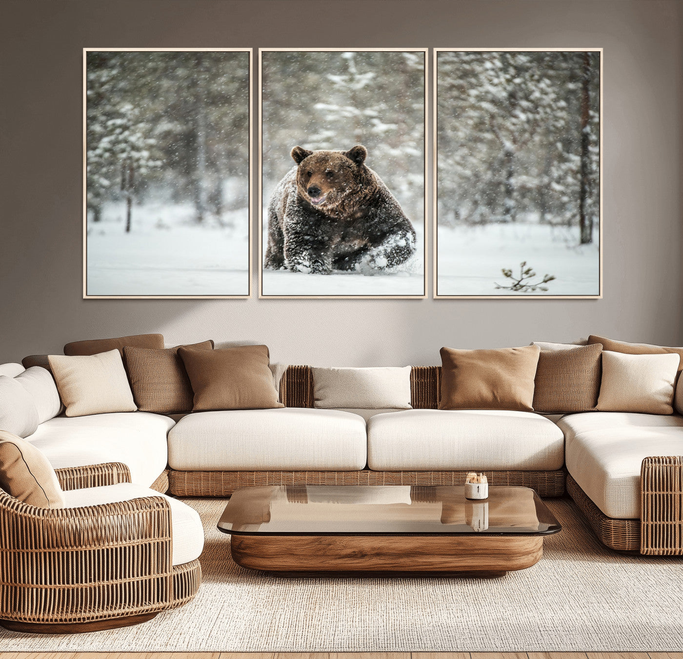 A majestic brown bear moves through a snowy forest landscape, surrounded by falling snowflakes, capturing the essence of wildlife in winter.