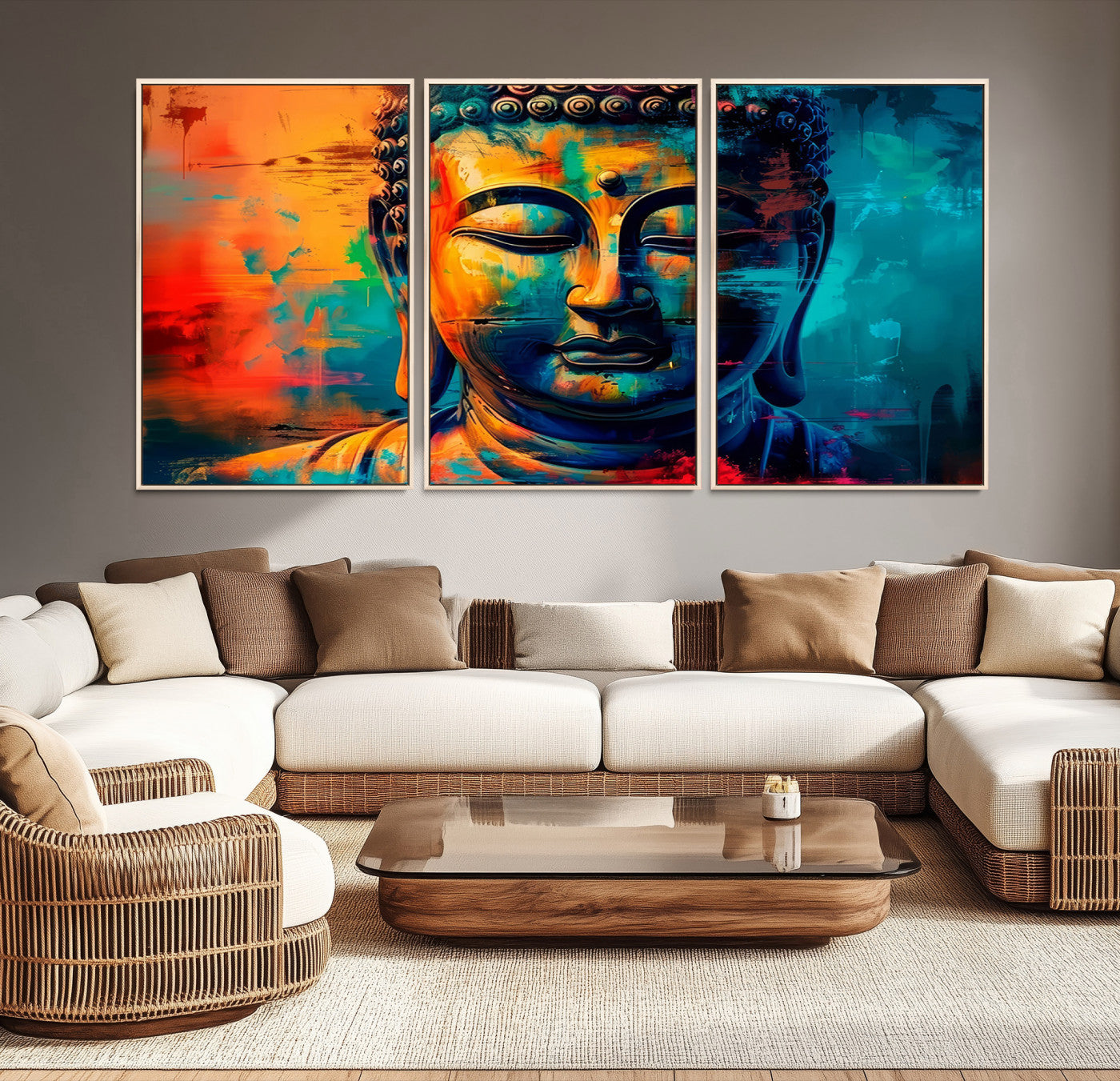 A vibrant, abstract artistic rendition of a Buddha statue face, blending bold and contrasting colors to evoke a sense of peace, spirituality, and enlightenment.