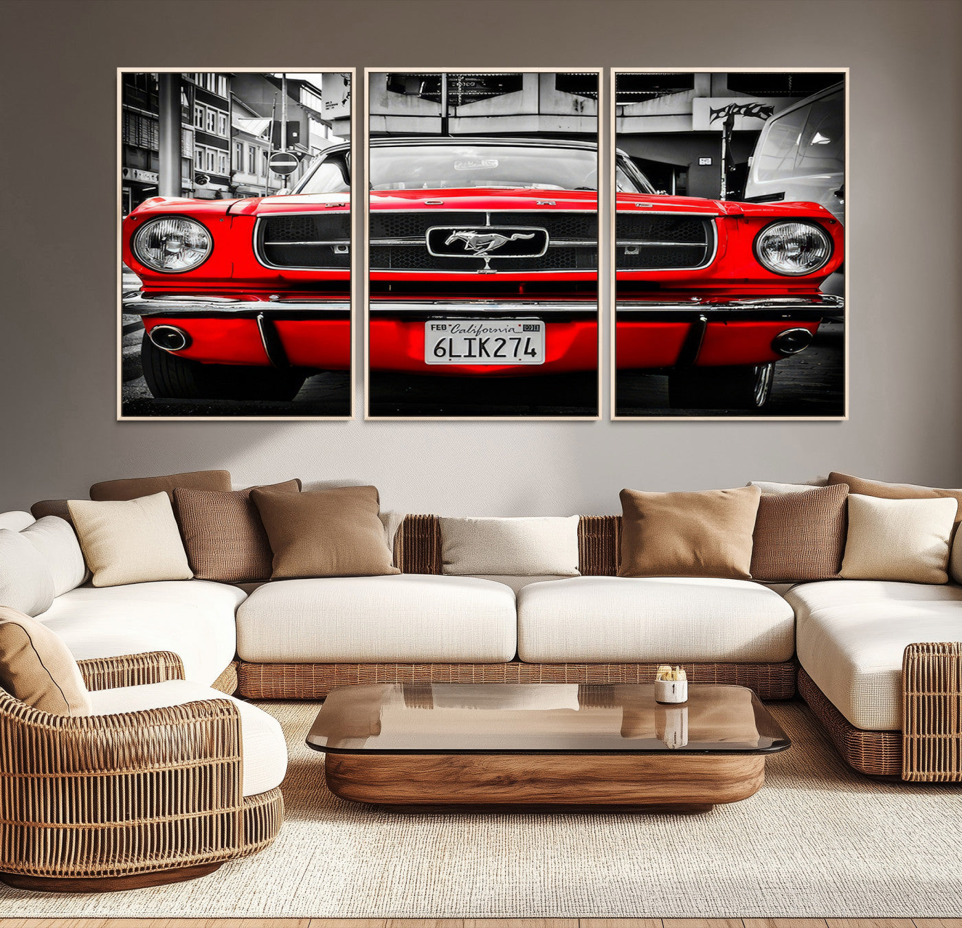 Front view of a bold red 1960s Ford Mustang parked in an urban environment, captured in dramatic contrast with a black-and-white city backdrop, emphasizing its timeless American muscle car identity.