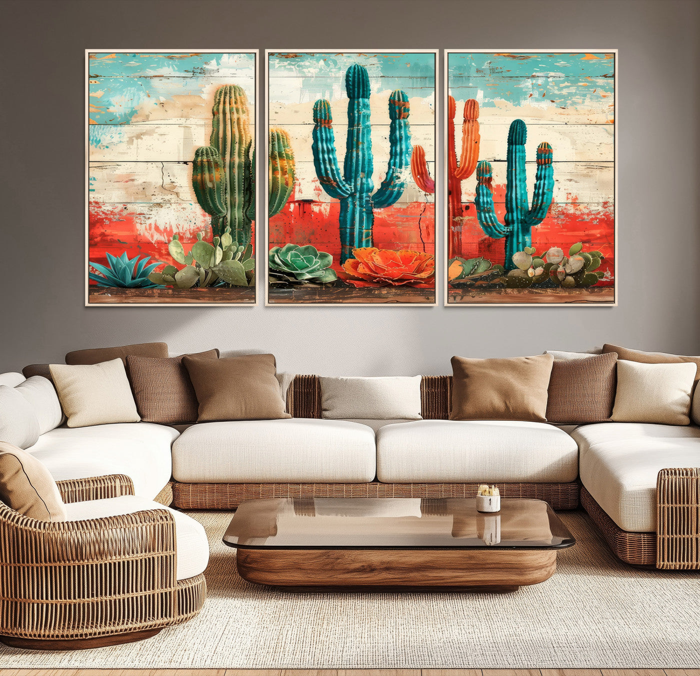 A vivid southwestern-style artwork featuring an eclectic mix of cacti and succulents painted against a textured, rustic wood backdrop in rich turquoise, red, and orange hues.