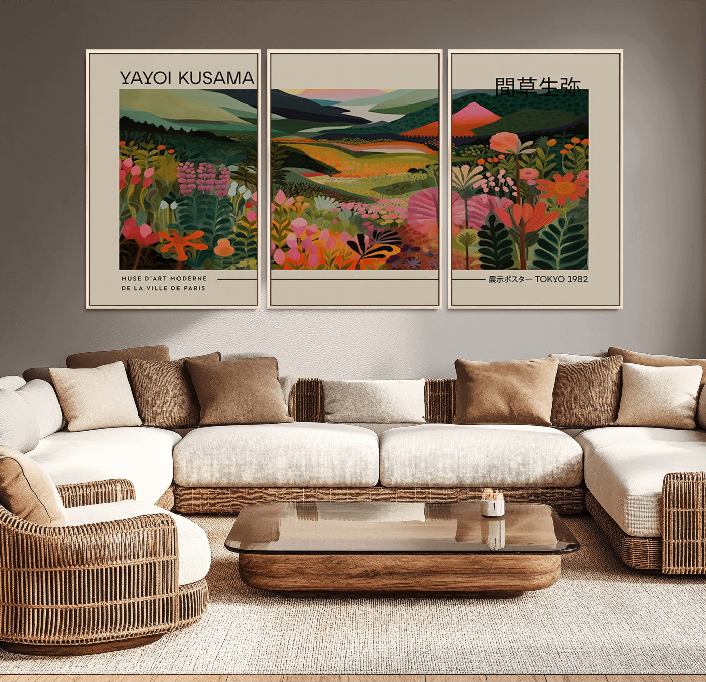 MGV-FC-60X30-3P - Yayoi Kusama Landscape Canvas Print, Vibrant Floral Mountain Art Print, Botanical Flower Nature