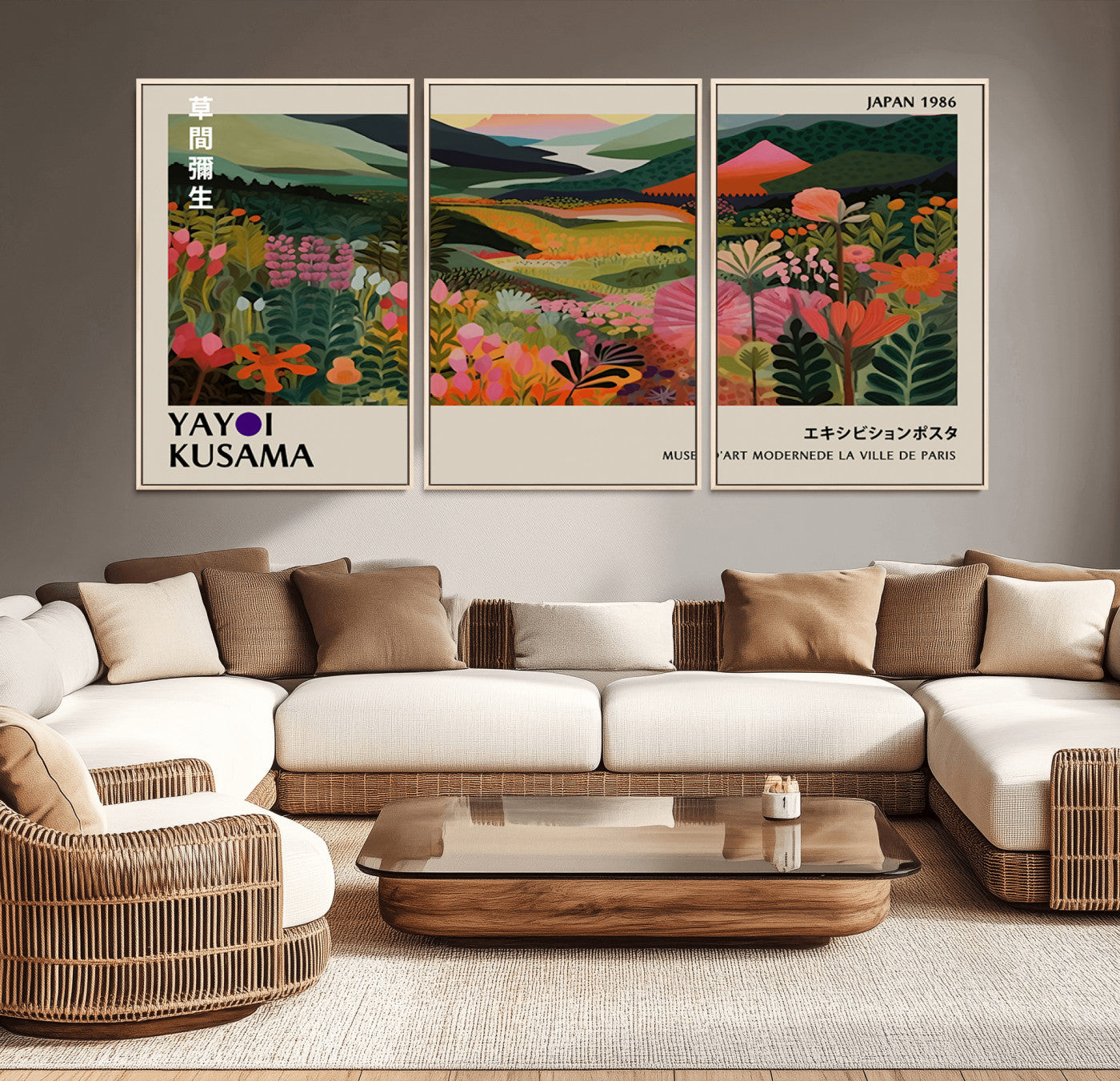 MGV-FC-60X30-3P - Yayoi Kusama Abstract Print, Vibrant Floral Mountain Art Print, Botanical Flower Nature Decor,