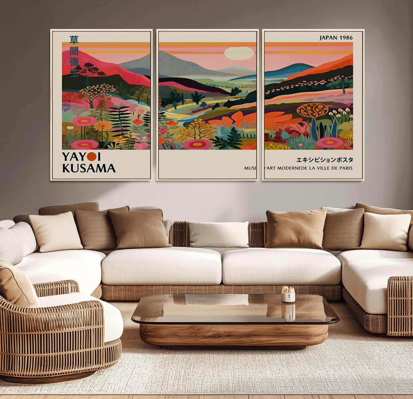 87360-MGV-FC-93X47-3P_Black-Yayoi Kusama Landscape Canvas Print, Vibrant Floral Mountain Art Print, Botanical Flower Nature