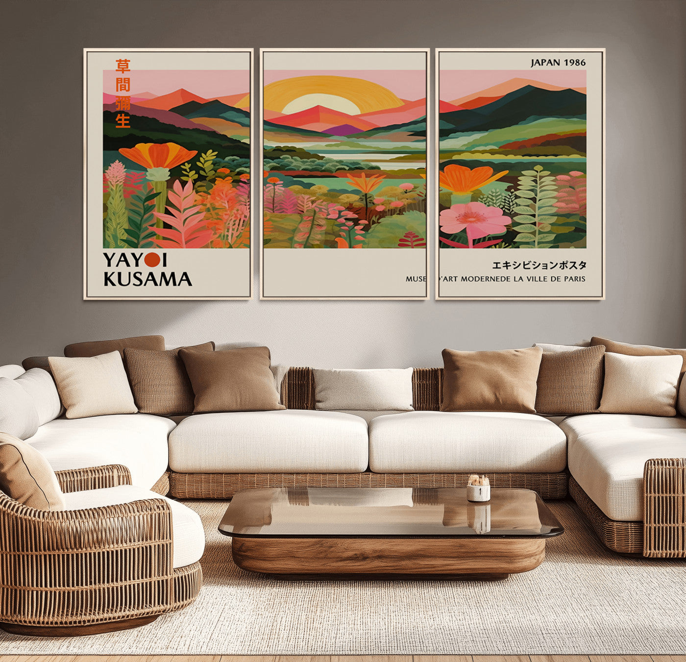 MGV-FC-60X30-3P - Framed Yayoi Kusama Print, Vibrant Floral Mountain Art Print, Botanical Flower Nature Decor, Sunset