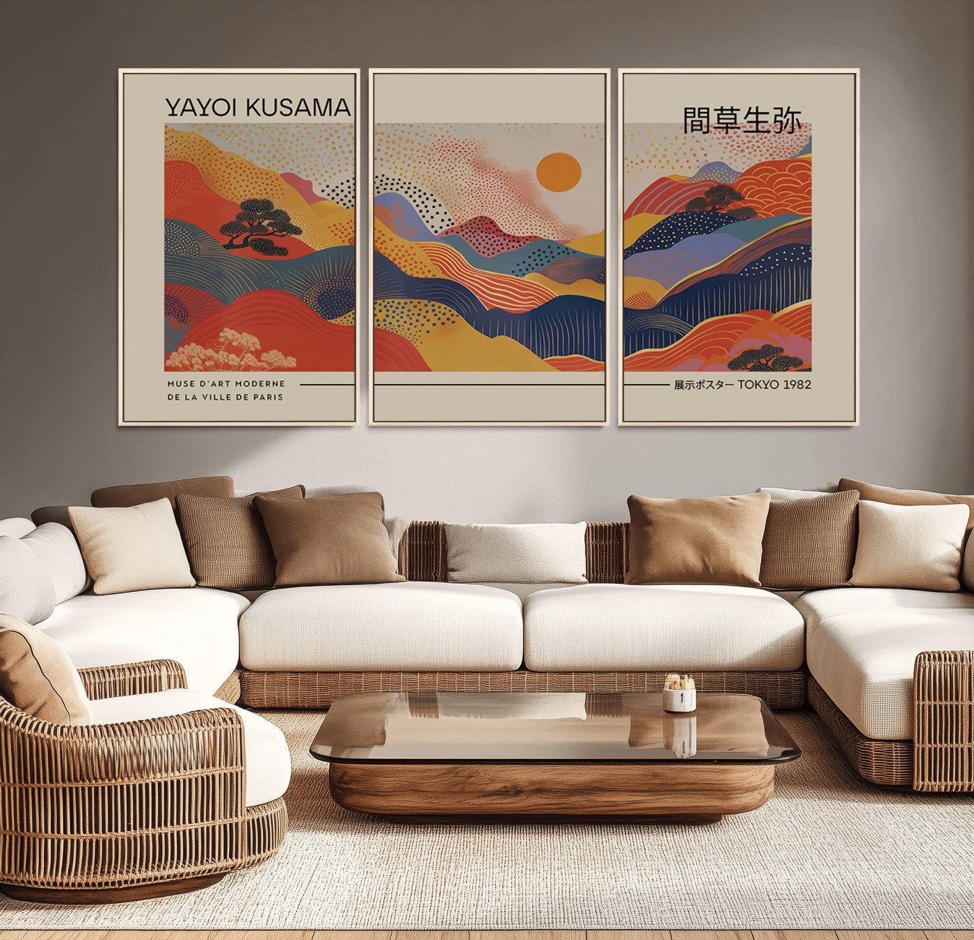 MGV-FC-60X30-3P - Yayoi Kusama Landscape Canvas Print, Vibrant Floral Mountain Art Print, Botanical Flower Nature